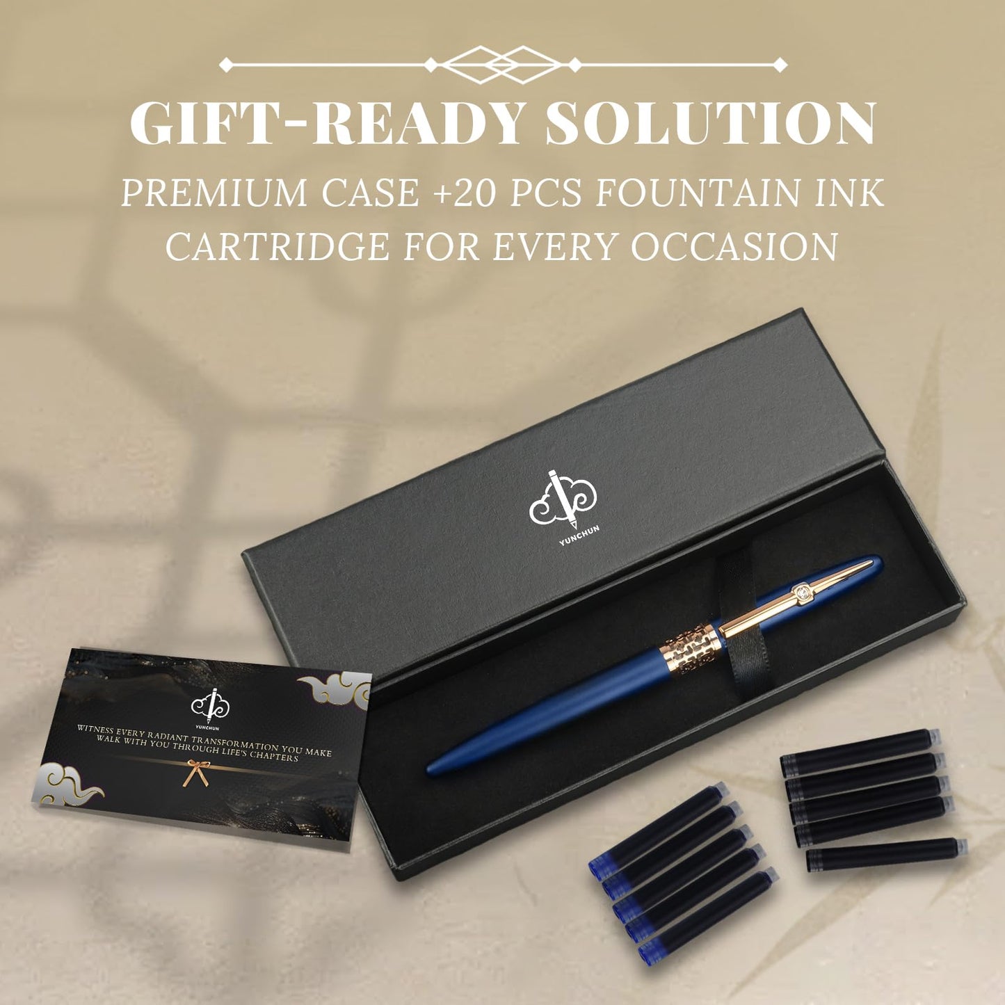 YUNCHUN Refillable Fountain Pen Fine Nib, Fancy Ink Pen with 10 Black & 10 Blue Ink Refills Cartridges, Cool Ink Pens for Writing, Business Metal, Best Gift Set for Men & Women, Blue