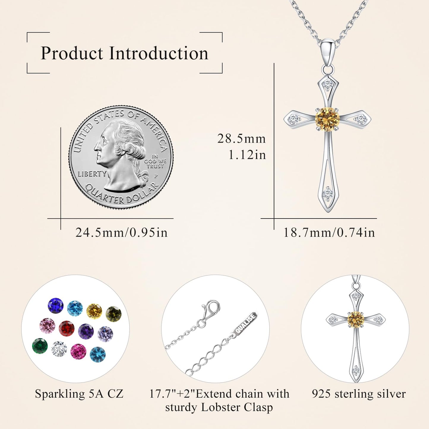 Cross Necklace for Women ,925 Sterling Silver Birthstone Necklace,Citrine-November Birthstone Cross pendant jewelry ,Faith Religious Fine Jewelry Valentines Day Gifts Birthday Holiday Gifts for Her