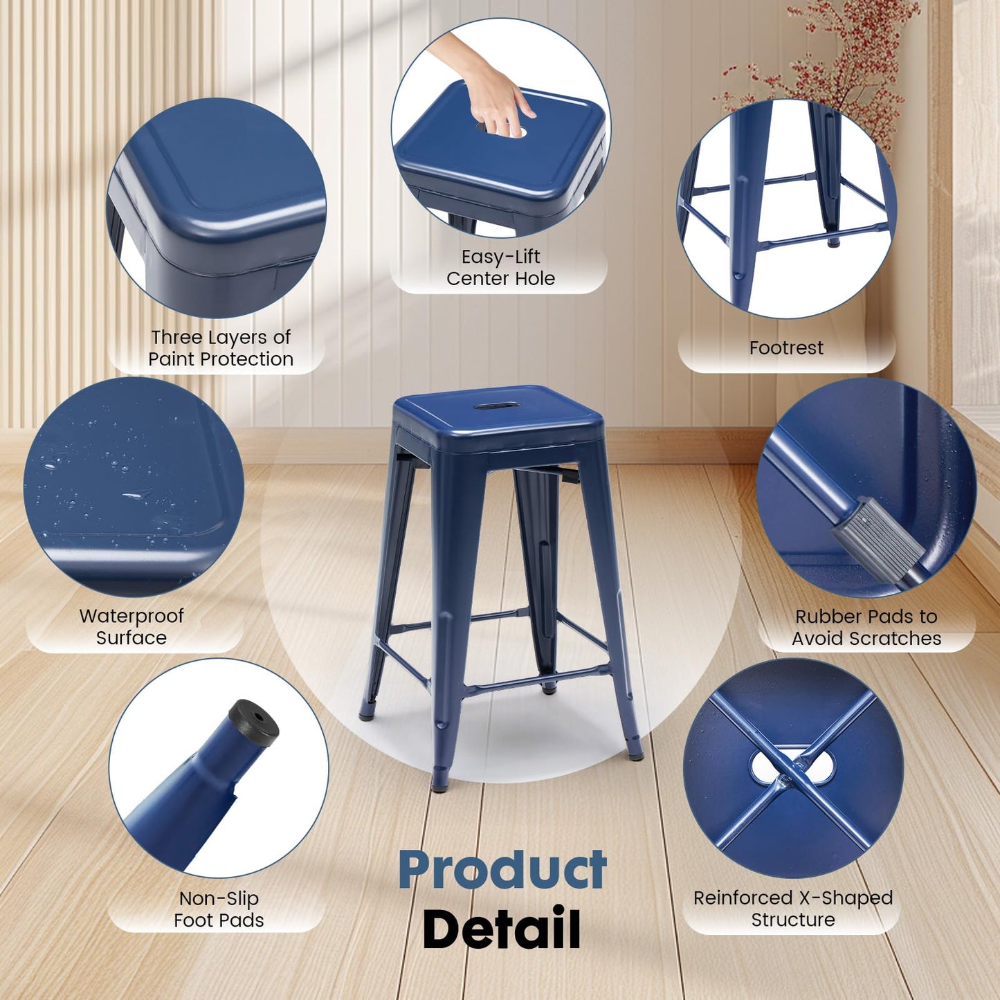 DUMOS Metal Bar Stools Set of 4, 24in Stackable Counter Height Bar Stools, Backless Restaurant Chairs for Kitchen Island, Indoor Outdoor Use, Classic Trattoria Barstools for Dining Room, Blue