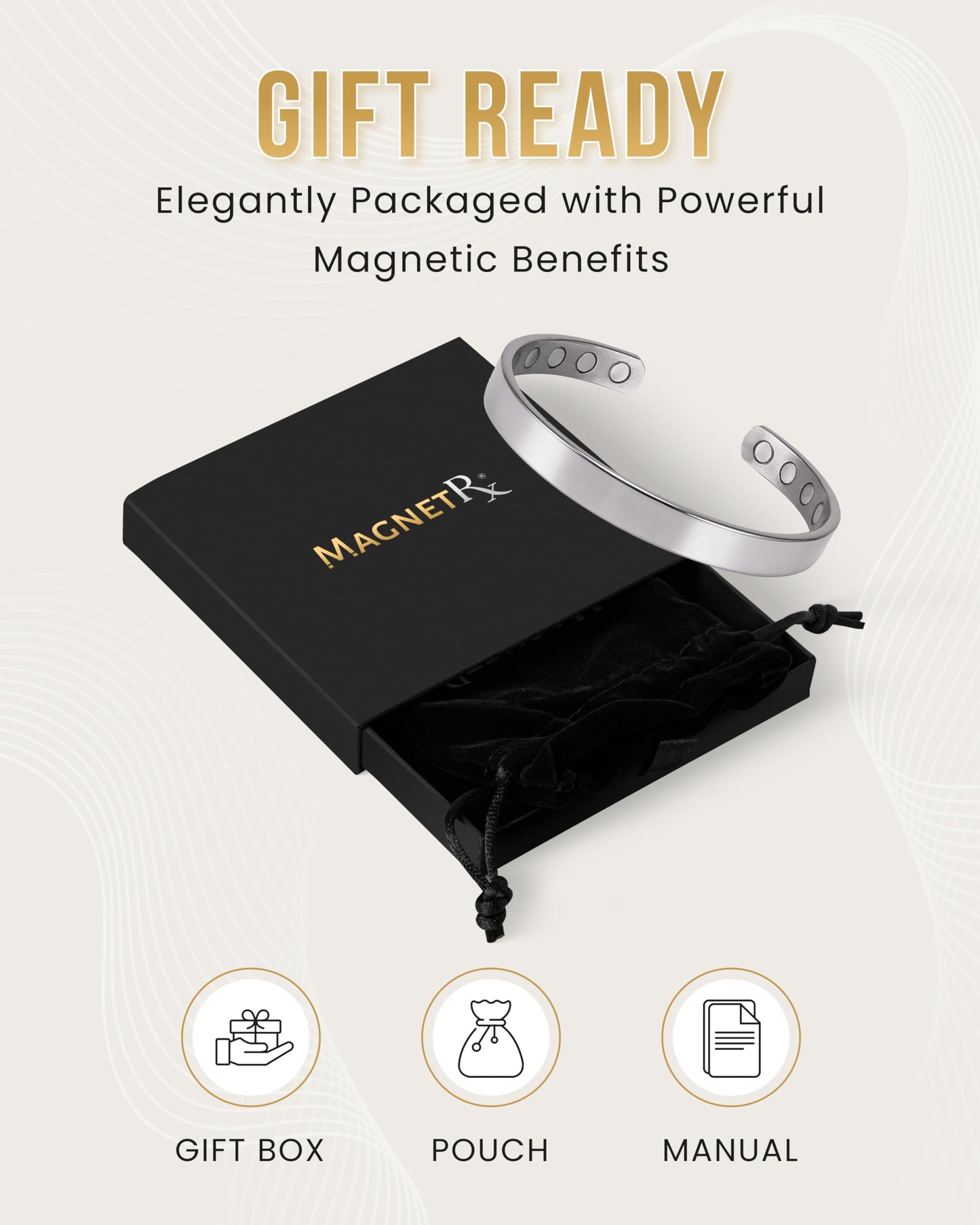 MagnetRX® Magnetic Bracelets for Men & Women - Elegant Bangle Men’s Cuff - Golf/Tennis Elbow & Balance, Stainless Steel Magnetic Bracelets for Women (Polished Silver | Medium)