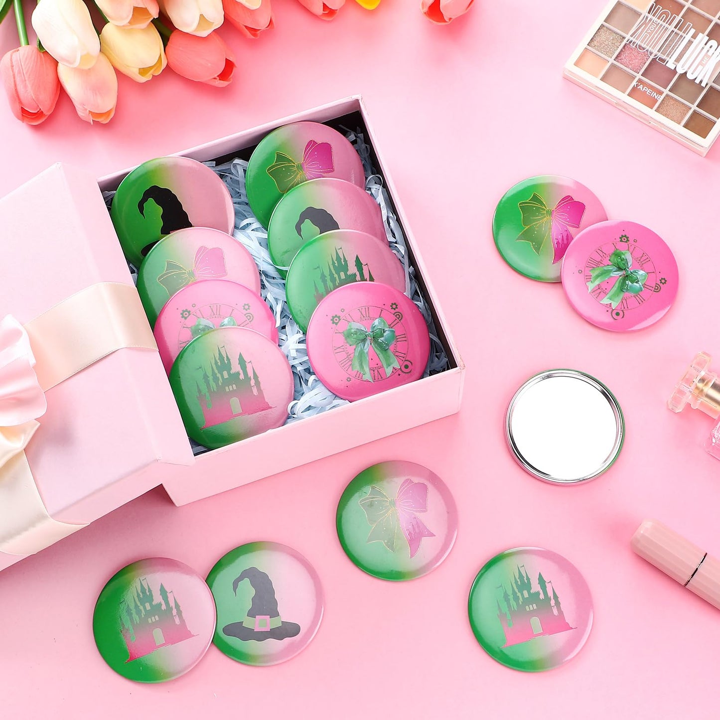 Marsui 24 Pcs Green and Pink Birthday Party Favors Witch Gifts for Girl Women Bulk Witch Mini Compact Mirror 2.76 Inch Portable Pocket Makeup Mirror for Goody Bags Stuffer Bridal Travel Friends