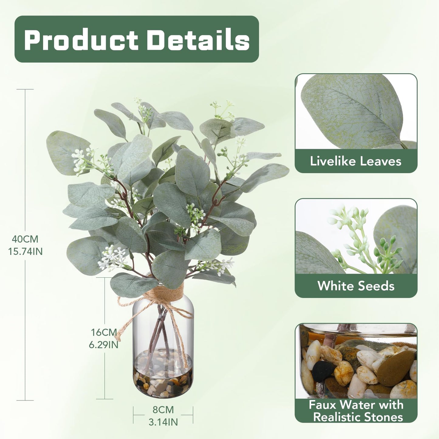 LILUYTO 15.74” Artificial Eucalyptus Stems in Glass Vase with Faux Water & Natural Stones, Lifelike Fake Greenery for Modern Farmhouse Home Decor, Bathroom Decor, Office Desk Centerpiece