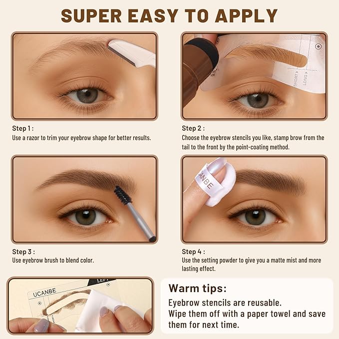 UCANBE 25PCS Eyebrow Stamp Stencil Kit With Dual-Color Eyebrow Stamp Pomade,20 Reusable Eyebrow Stencils,Finising Powder,Brush,Eyebrow Razor,Zipper Pouch,Waterproof Eye Brow Stamping and Shaping Kit02