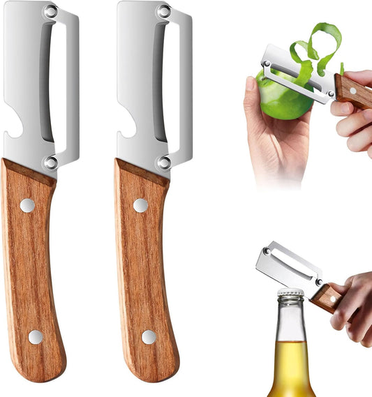 2-in-1 Multifunctional Vegetable Peeler for Kitchen Stainless Steel Fruit Peeler with Wooden Handle and Bottle Opener, Effortless Peeling for Apple, Potato, Pumpkin, Papaya(2pcs)