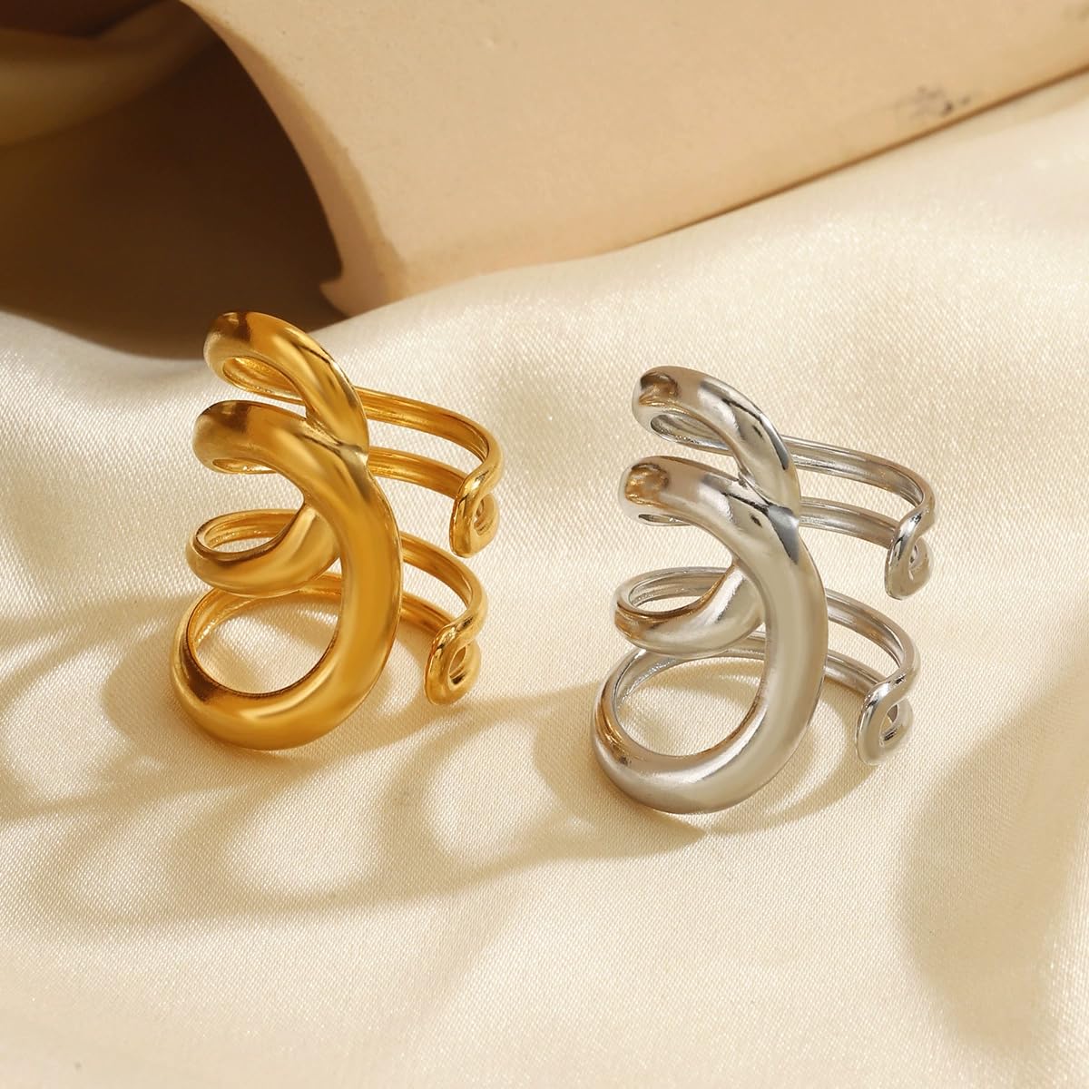 AIETUE Chunky Rings For Women, Gold Silver Thumb Ring Asymmetrical Wavy Curve Ring Adjustable Non Tarnish Dainty Stainless Steel New Year Anniversary Birthday Jewelry Gift (Trendy Gold #6)