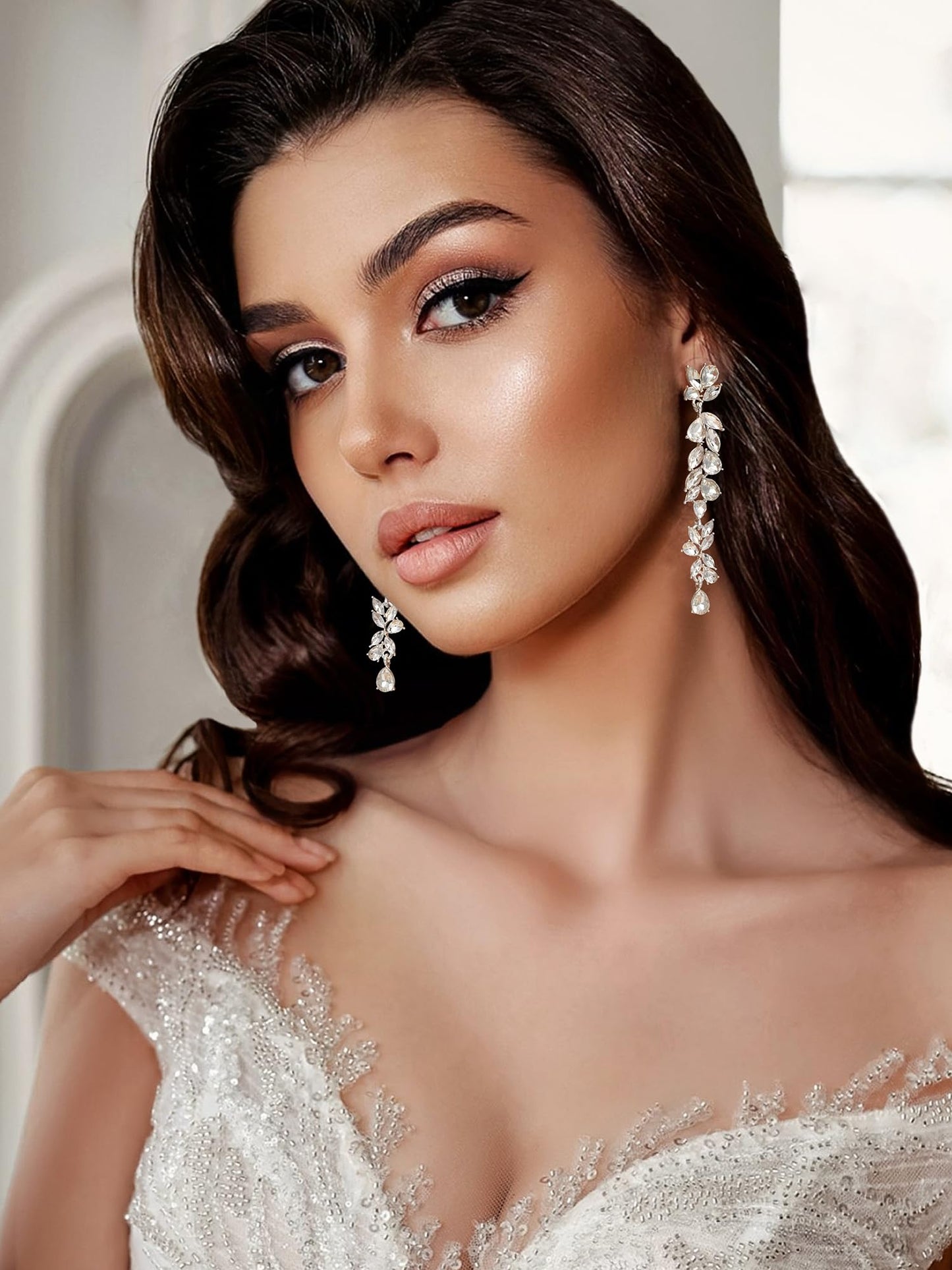 SWEETV Long Rhinestone Dangle Earrings for Women, Wedding Bridal Earrings for Brides, Crystal Chandelier Drop Earrings for Prom or Pageant, Silver