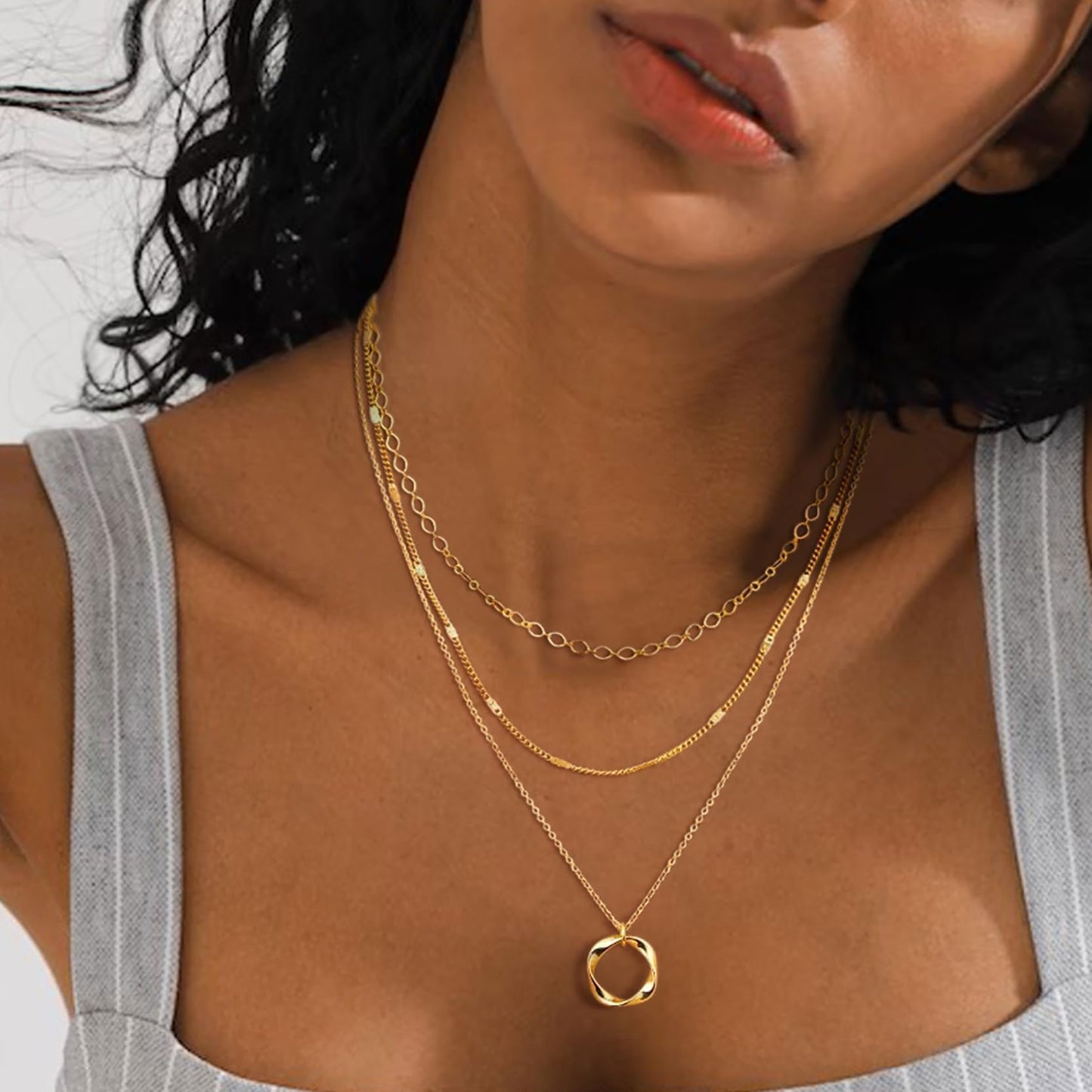 Feskive Layered Gold Necklaces for Women: 3pcs Dainty 14k Gold/Silver Plated Stackable Choker Necklaces - Trendy Cuba Cross Circle Pendant Necklaces Set - Women's Jewelry Gifts