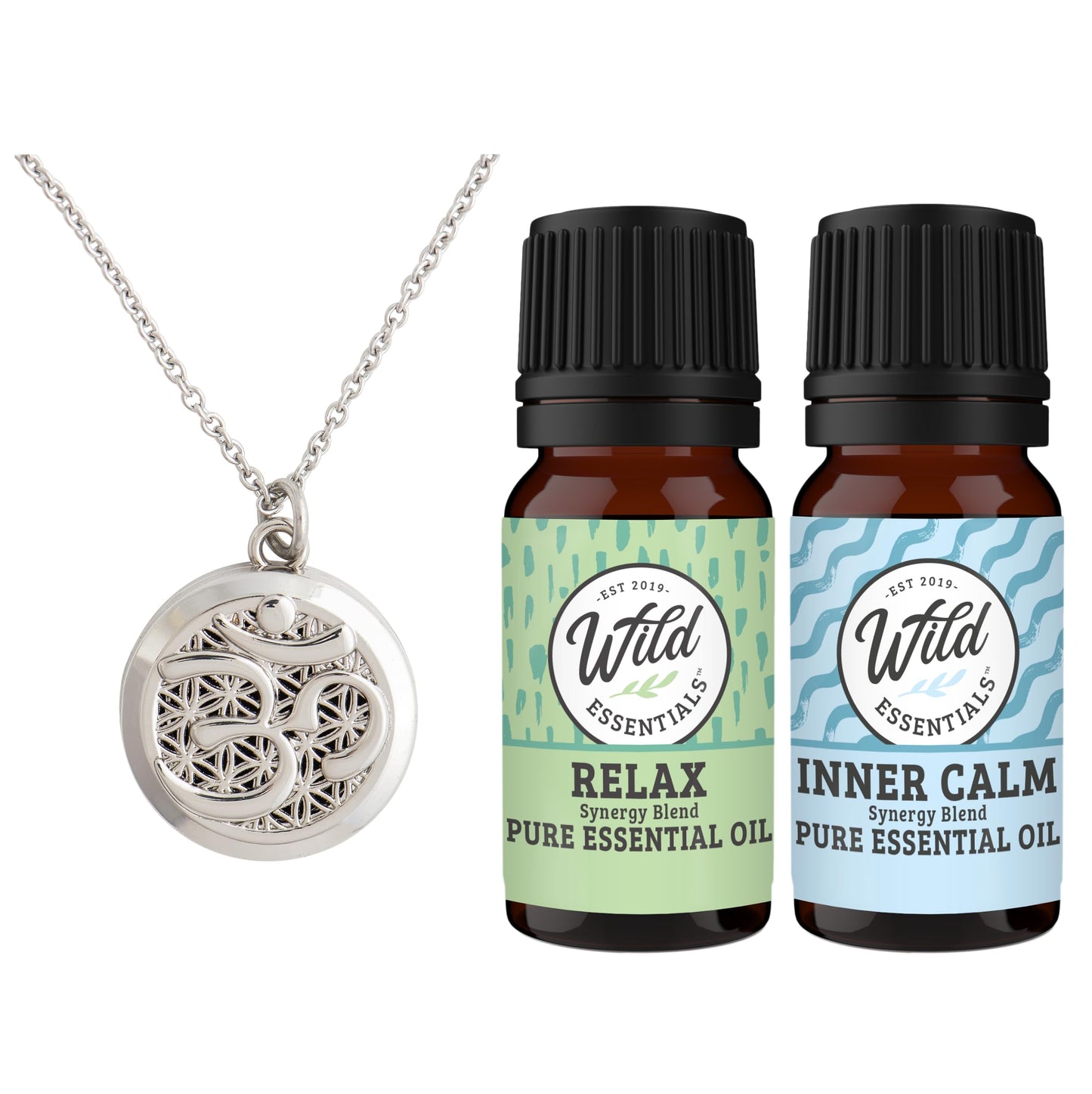 Wild Essentials Silver Aum Essential Oil Diffuser Necklace Gift Set with Inner Calm & Relax Oils – Nickel Free Alloy Pendant with 5 Black Pads – USA Made Oils & Perfume Necklace – Family Company