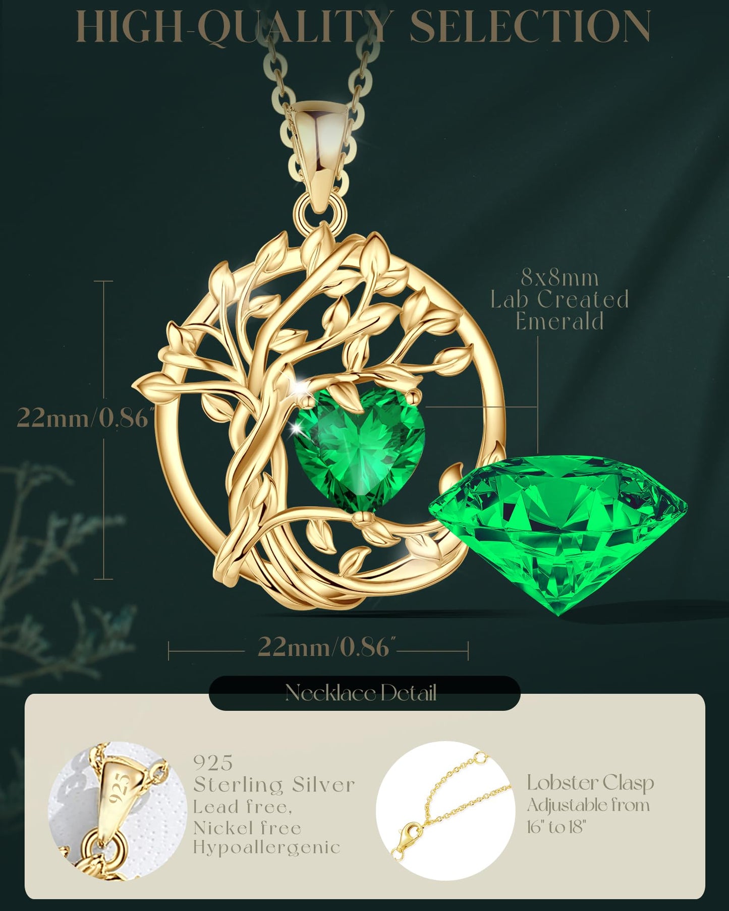 FANCIME Tree of life Birthstone Necklace for Women Sterling Silver Yellow Gold Plated Emerald Pendant May Birthday Green Gemstone Anniversary Mothers Day Gifts for Mom Girlfriend Wife Her
