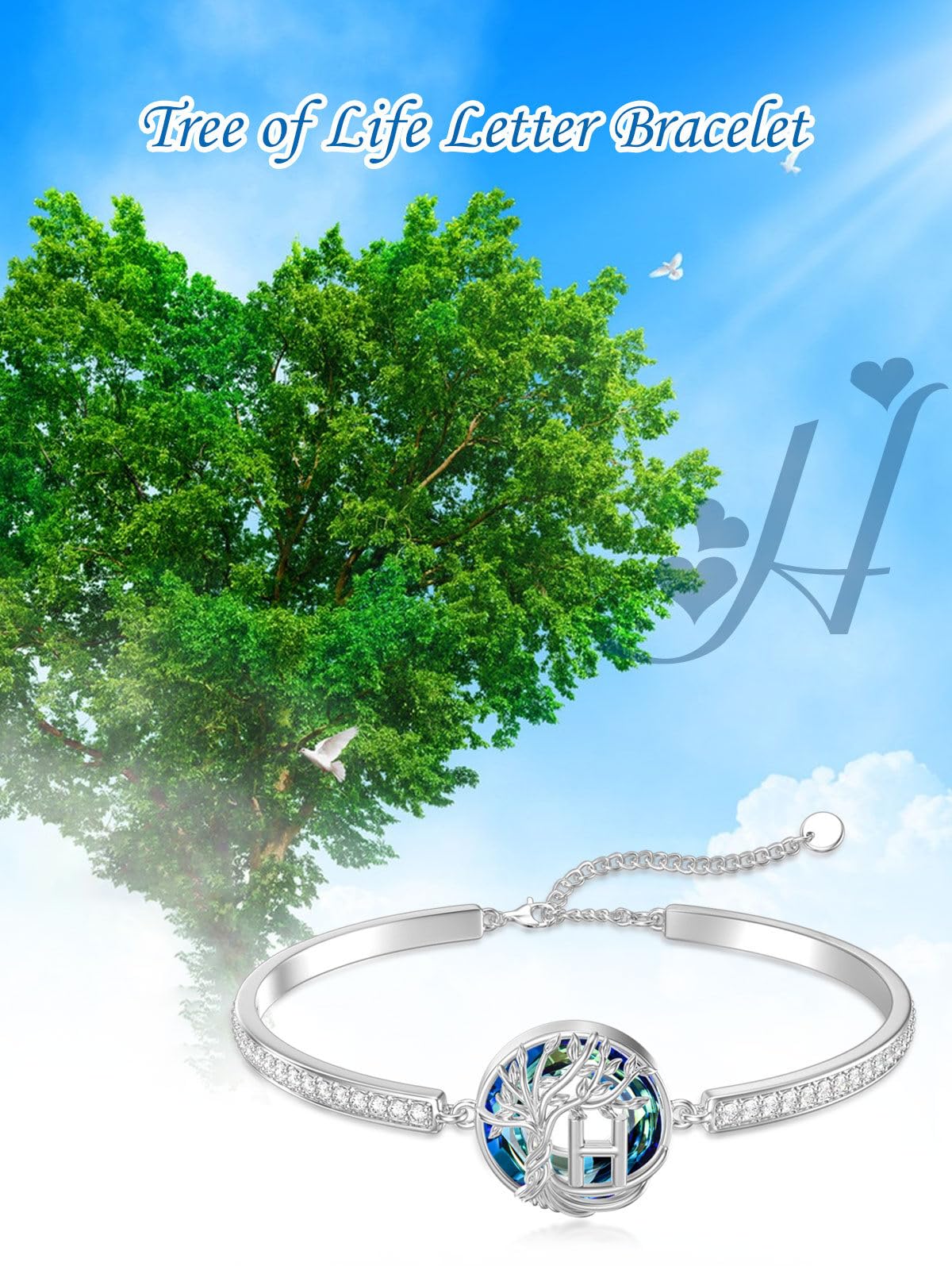 TOUPOP Tree of Life Bracelet Sterling Silver Initial H Letter Bangle Bracelet Family Tree Blue Crystal Jewelry Mothers Day Birthday Gifts for Women Mom Wife
