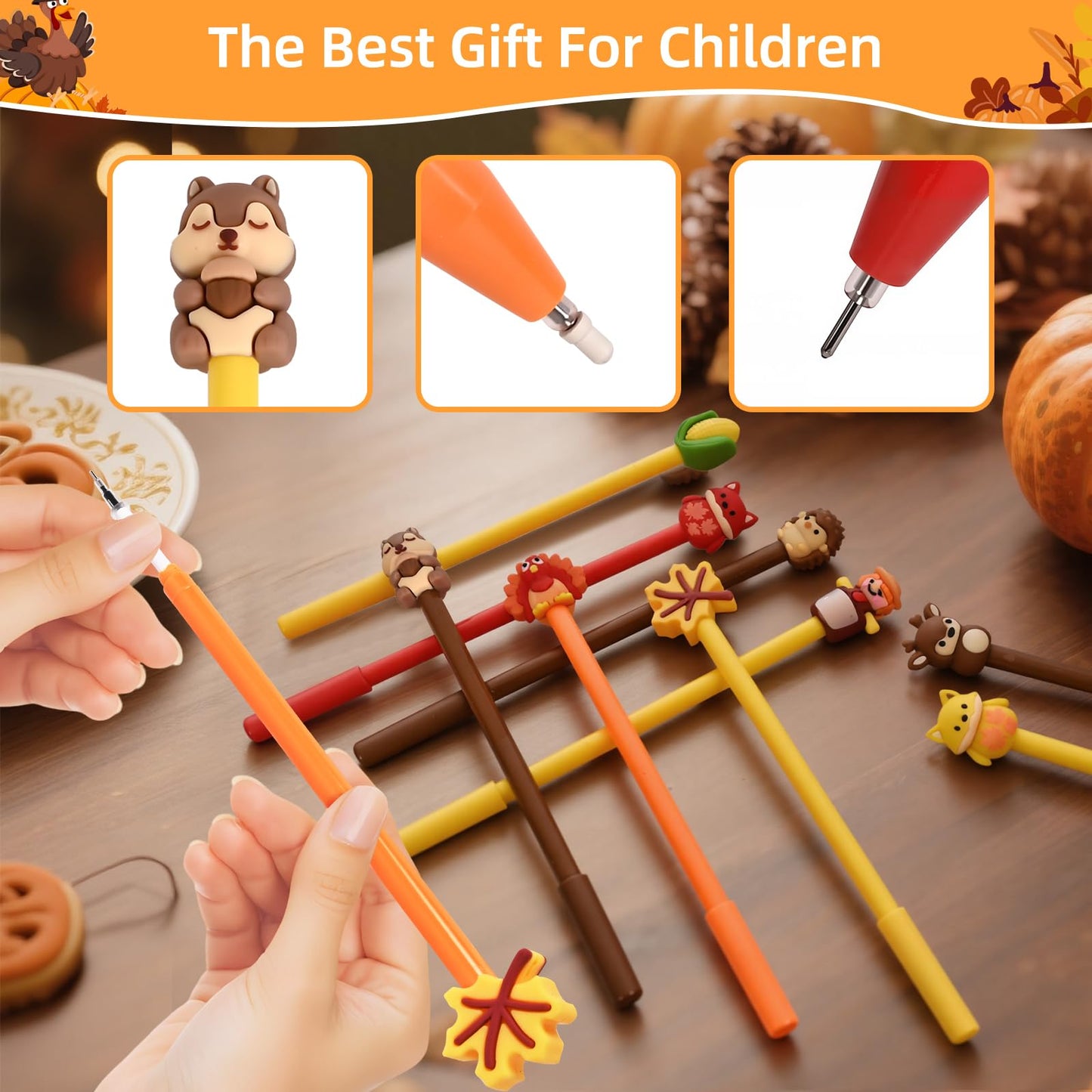 LiYiQ 50 Pcs Thanksgiving Day Cartoon Cute Fun Pens Kawaii Maple Leaves, Pumpkins, Scarecrows and Turkeys Shape Gel Black Ink Pen, Cute Pumpkins Pens for Office Home Present