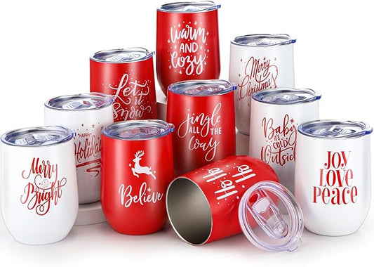 Uiifan 10 Pack Christmas Tumblers Gifts 12 Oz Xmas Funny Tumbler Christmas Stainless Steel Coffee Mugs Set Xmas Insulated Travel Cup with Straw Lid for Family Xmased Holiday Gift (Red White)