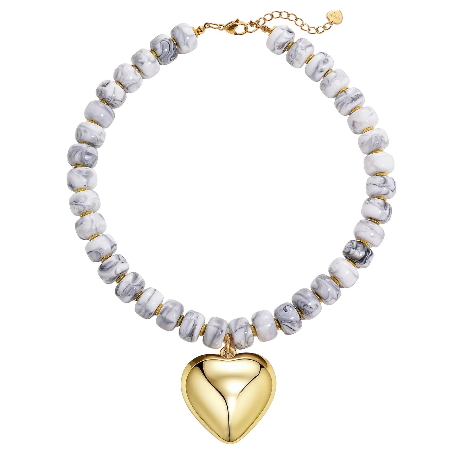MIUSISHIYU White Grey Faux Howlite Marble Resin Chunky Necklaces for Women, Trendy Beaded Puffy Gold Heart Pendant Statement Choker, Lightweight Boho Y2K Beach Jewelry