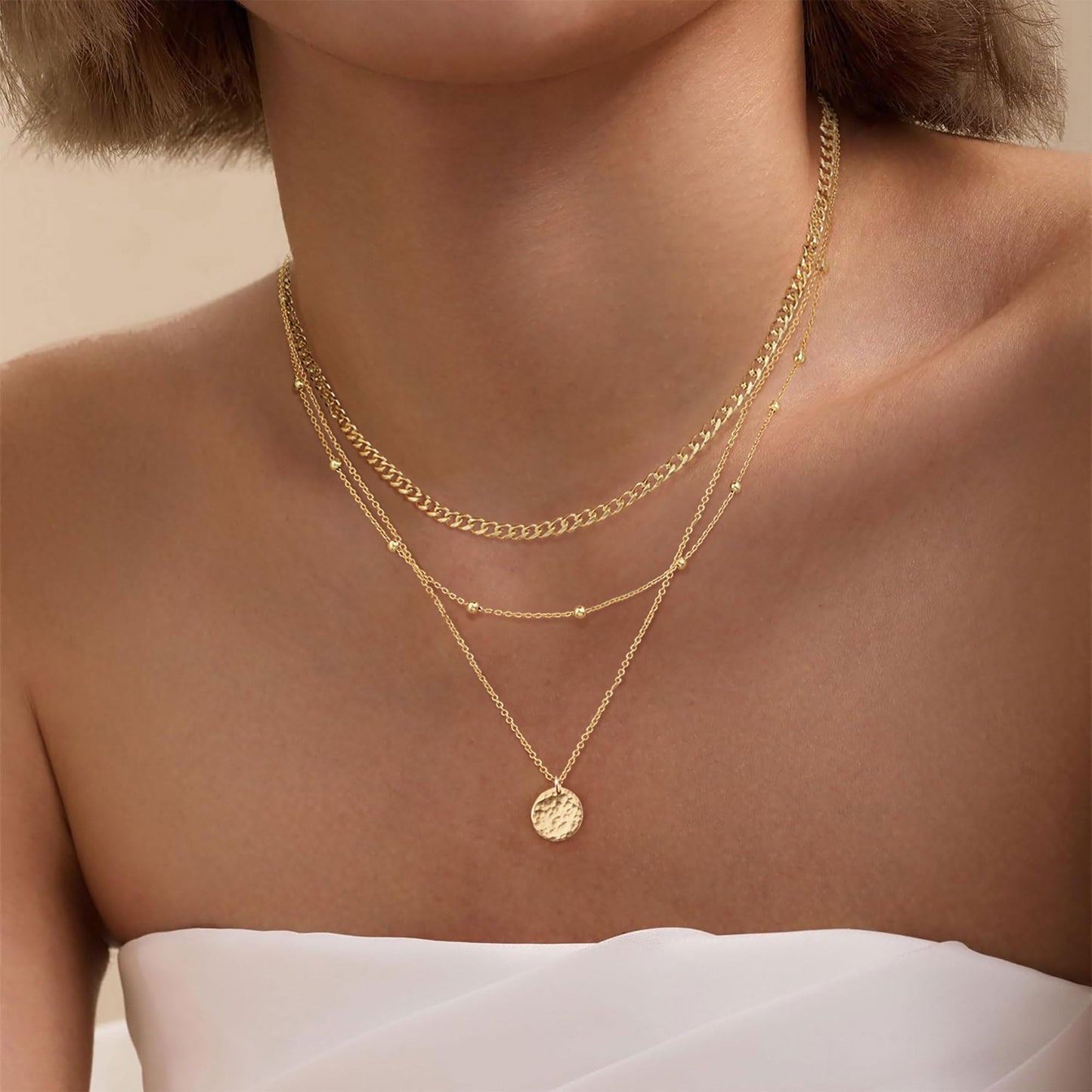 XIXINI Layered Necklaces for Women, Dainty Gold Necklace Stack 14k Gold Plated Layering Cuban Beads Chain Necklaces for Women Trendy Simple Layered Disc Pendant Necklace Set Fashion Gold Jewelry Sets