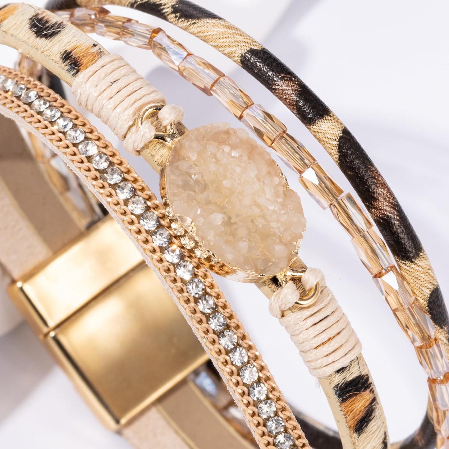 Becklynn Boho Leather Wrap Bracelets Beaded Crystal Stackable Cuff Bracelet with Magnetic Clasp Cowboy Cowgirl County Concert Outfits Western Jewelry Gifts for Women(Stone Leopard)