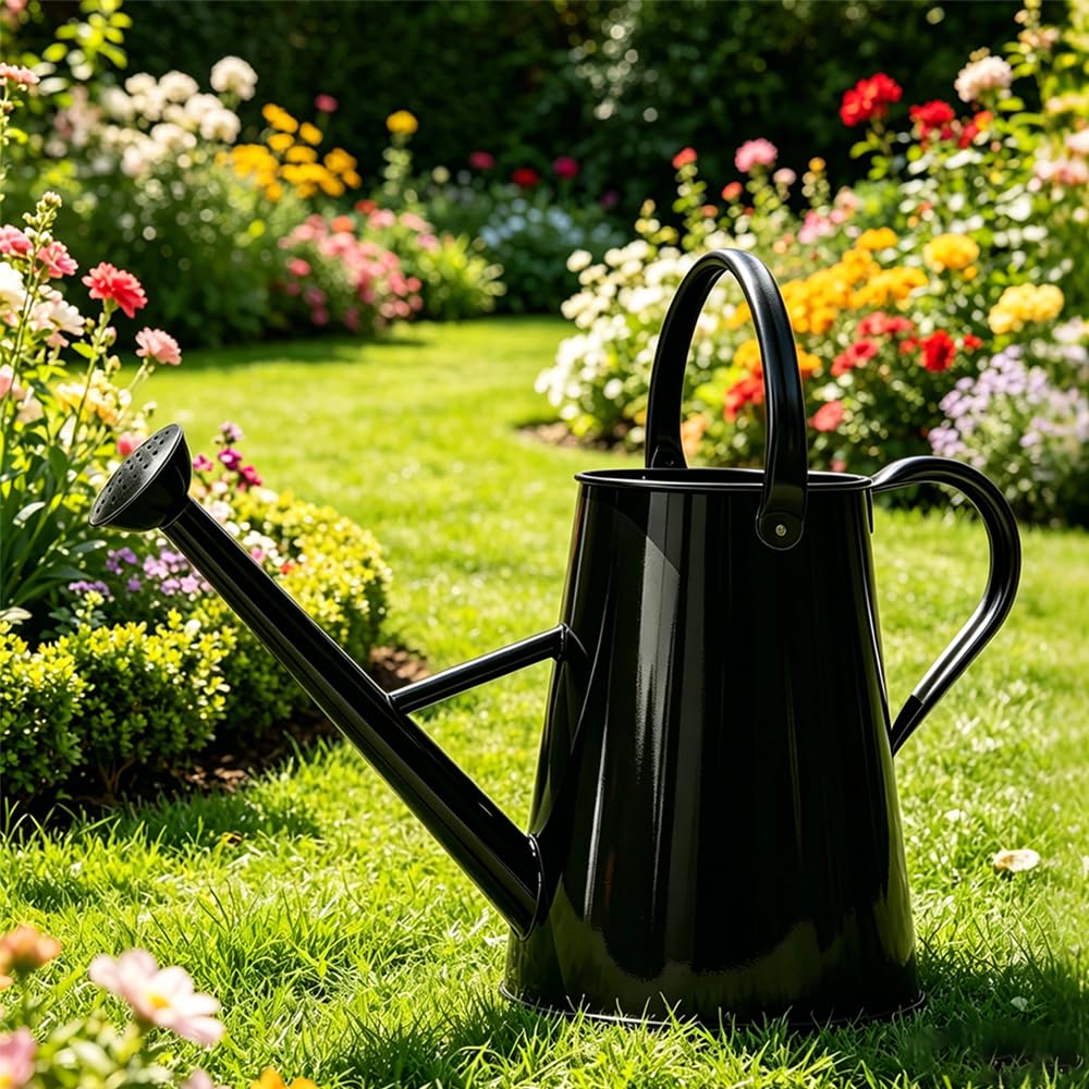 SunnyTong Metal Watering Can for Outdoor and Indoor Plants, Watering Can Decor, 1.5 Gallon（Black）
