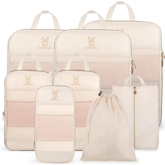 8 Set Compression Packing Cubes for Travel, Bunnychill Portable Zipper Packing Cube for Cloting, Expandable Space Saver Storage Luggage Organizer Bags for Suitcases(Beige)