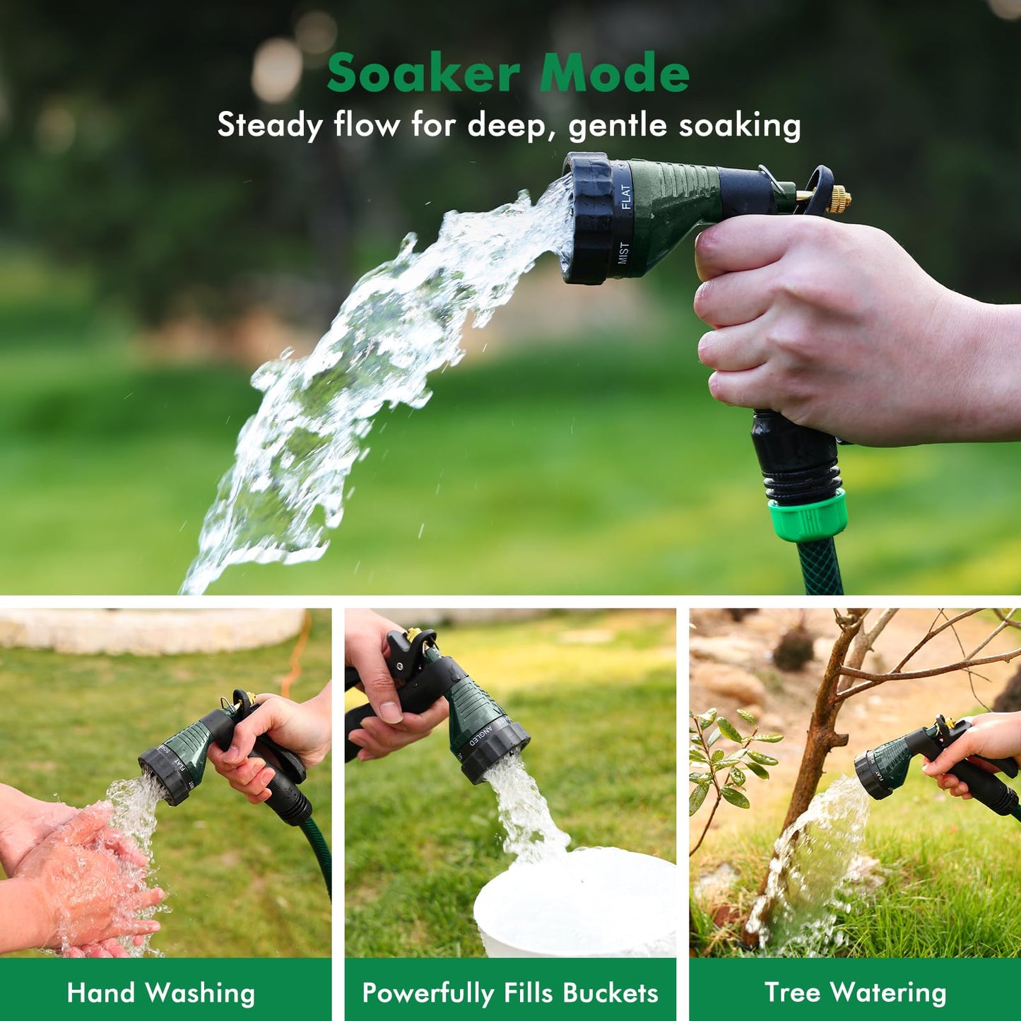 RESTMO Garden Hose Spray Nozzle, Water Hose Nozzle Heavy Duty, High Pressure Hand Sprayer with 6 Adjustable Watering Patterns, Slip Resistant for Watering Plants, Car Washing & Pet Showering, Green