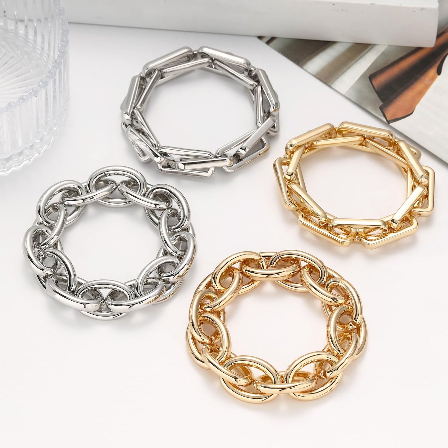 WZJLY Chunky Gold Bracelet for Women Non Tarnish, Trendy Stretch Cuban Link Chain Plated Gold Bangle Bracelets (Paperclip-gold)