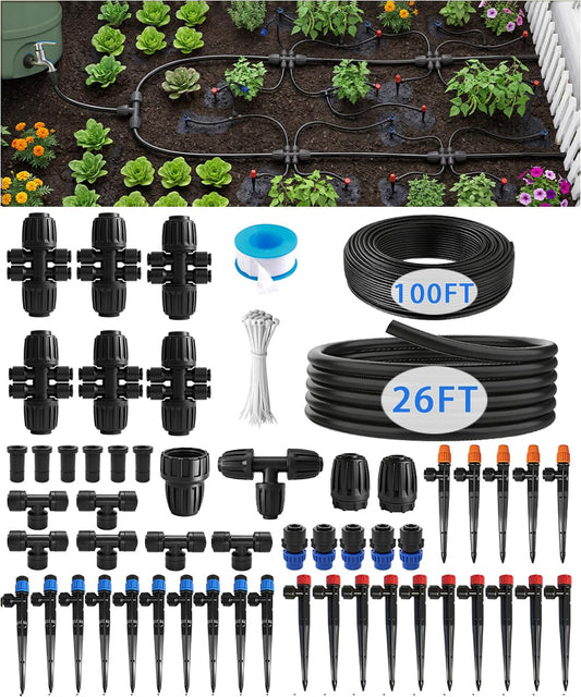 126FT Drip Irrigation System Kit with 30 Adjustable Nozzles, Leak-Proof & Easy-Connect Irrigation Kit with 1/2" & 1/4" Tubing, for Garden Watering Greenhouse, Lawn, Indoor Pots(26FT+100FT)