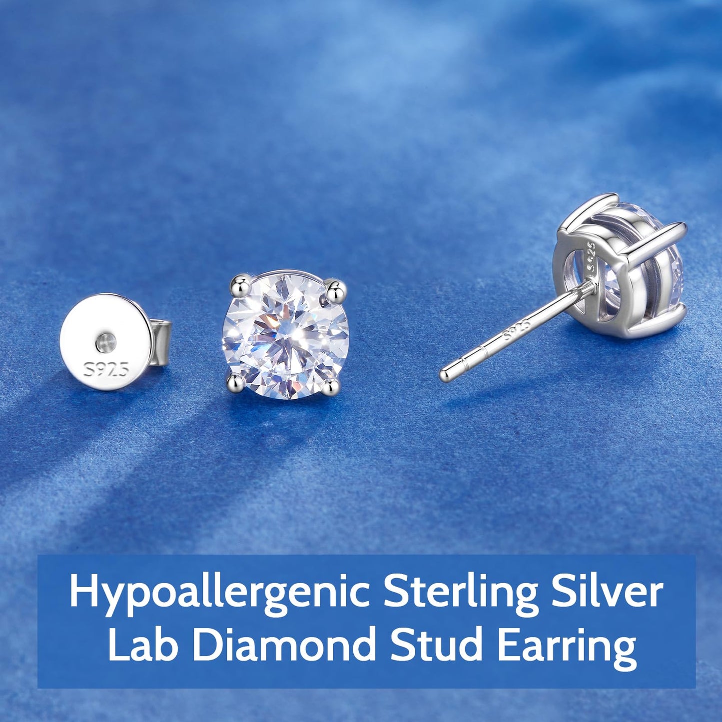 Lab Grown Diamond Stud Earrings for Women, 1/5-1-2 Carat Diamonds Earring 4-Prong D Color VVS1 Clarity, Hypoallergenic Sterling Silver Earring Diamond Jewelry for Women, Gift Box Included(3mm, Sterling Silver)