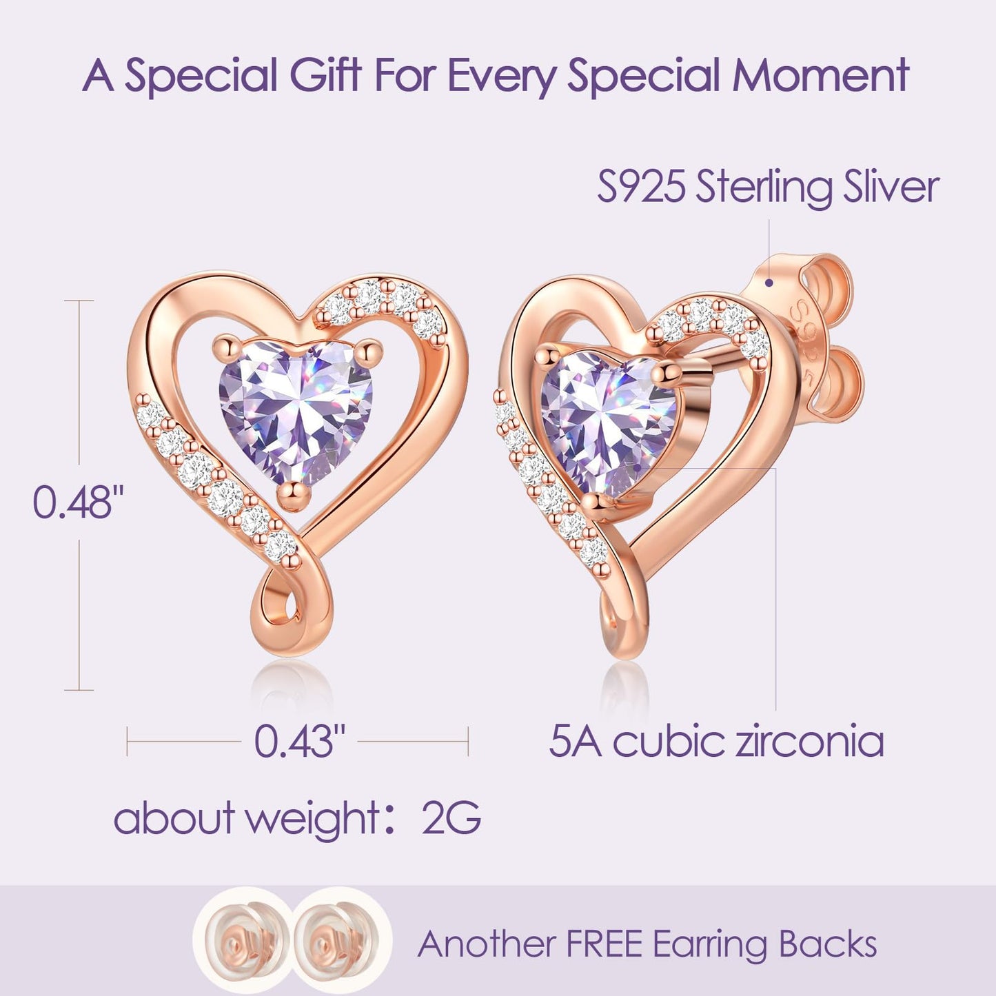 Zifeel Earrings for Women, Rose Gold Birthstone Heart Studs Earring for Girlfriend Wife, Anniversary Birthday Christmas Valentines Mothers Day Gifts Jewelry for Women Wife Her Mom