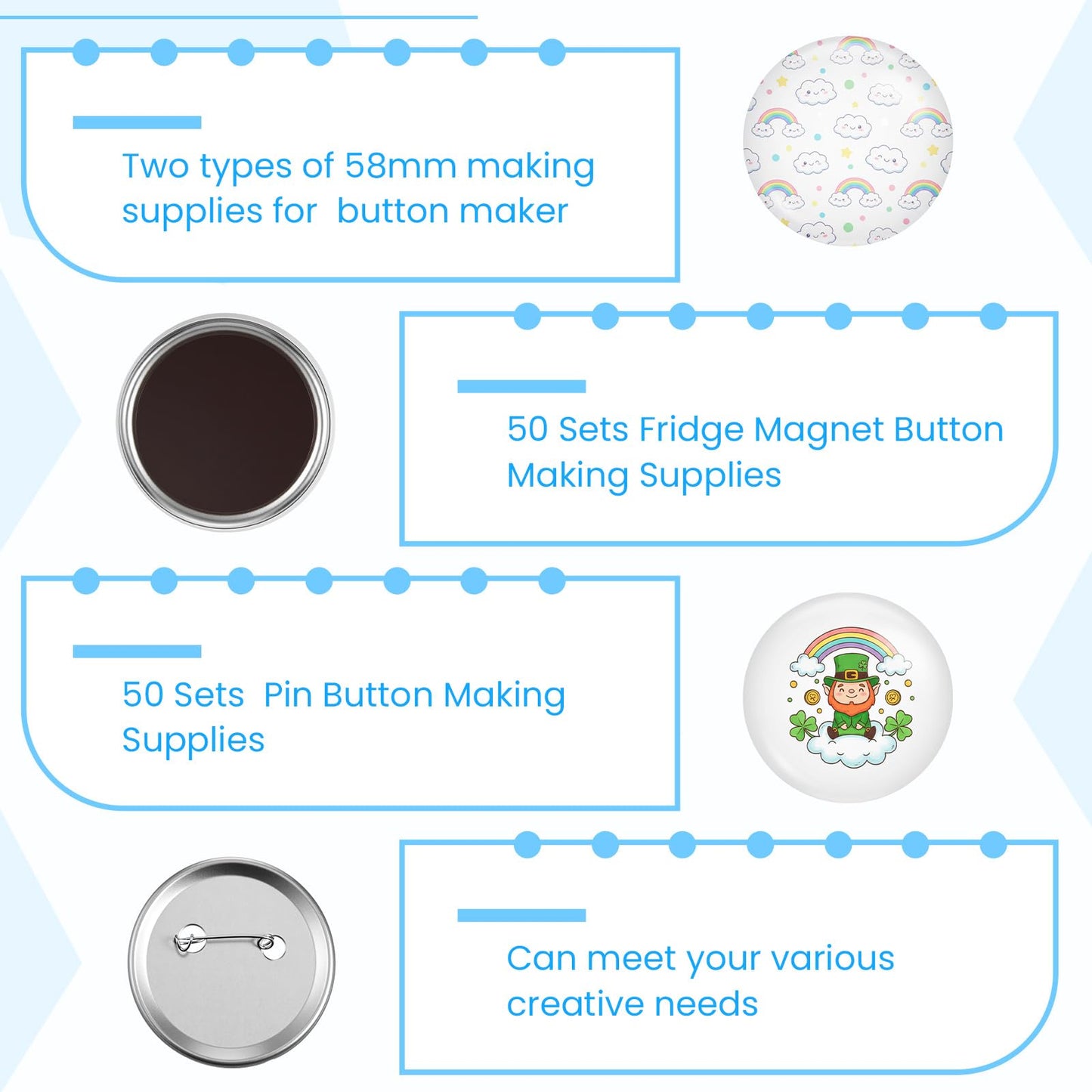 Wavwavw 100 Sets 58mm/2.25 Inch Round Button Maker Supplies, 50 Pcs Blank Fridge Magnet Badge Parts and 50 Pcs Pin-Back Badge Parts Press for Square Button Maker Machine, DIY Gift Crafts