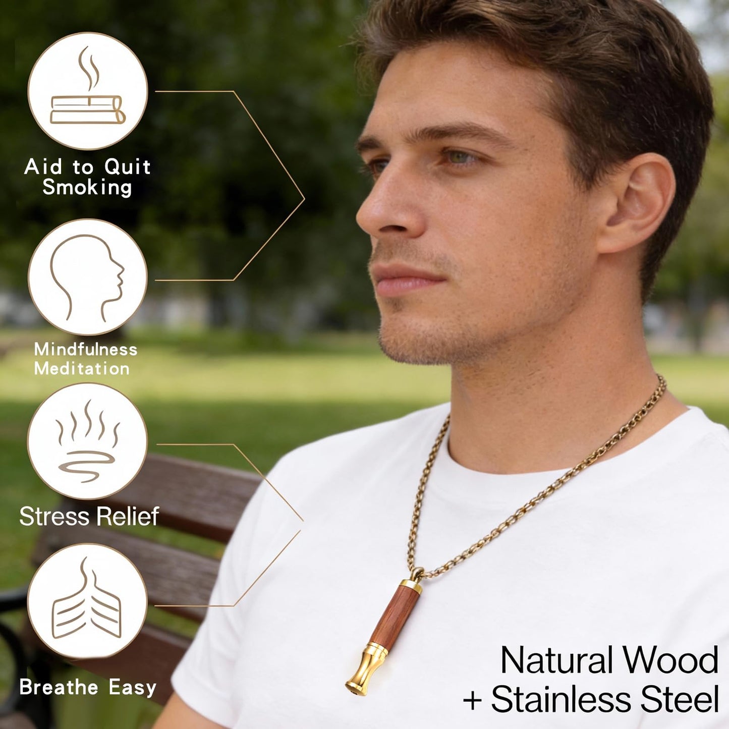 BOLAGTIER Mindful Breathing Necklace: Natural Wood Fidget Charm for Anxiety Relief & Quit Smoking Aid, Stainless Steel Sensory Pendant to Calm Your Mind (Gold)