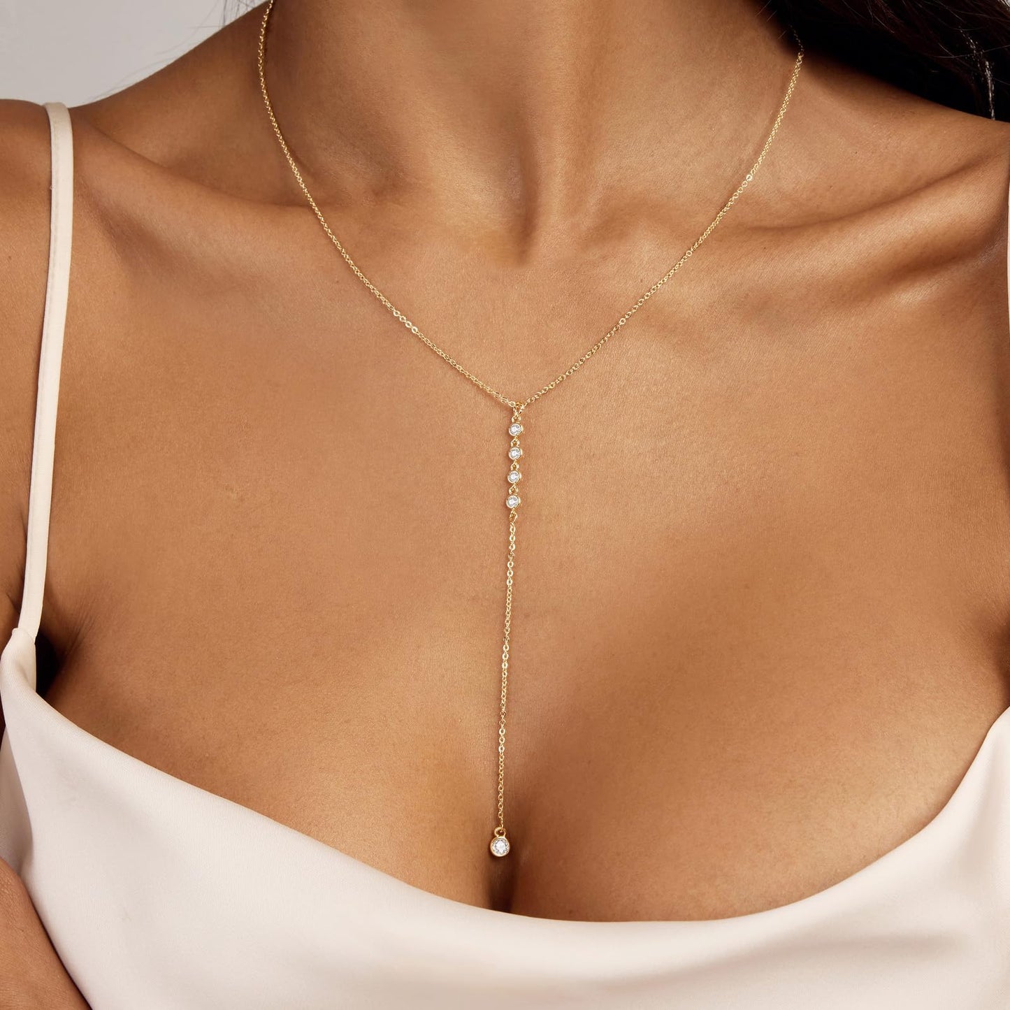 Airmb Lariat Gold Necklace for Women, Dainty Long Necklace 14k Gold Plated Layered CZ Chain Y-Shaped Body Chain Stack Drop Wedding Necklace Trendy Simple Gold Jewelry Gifts