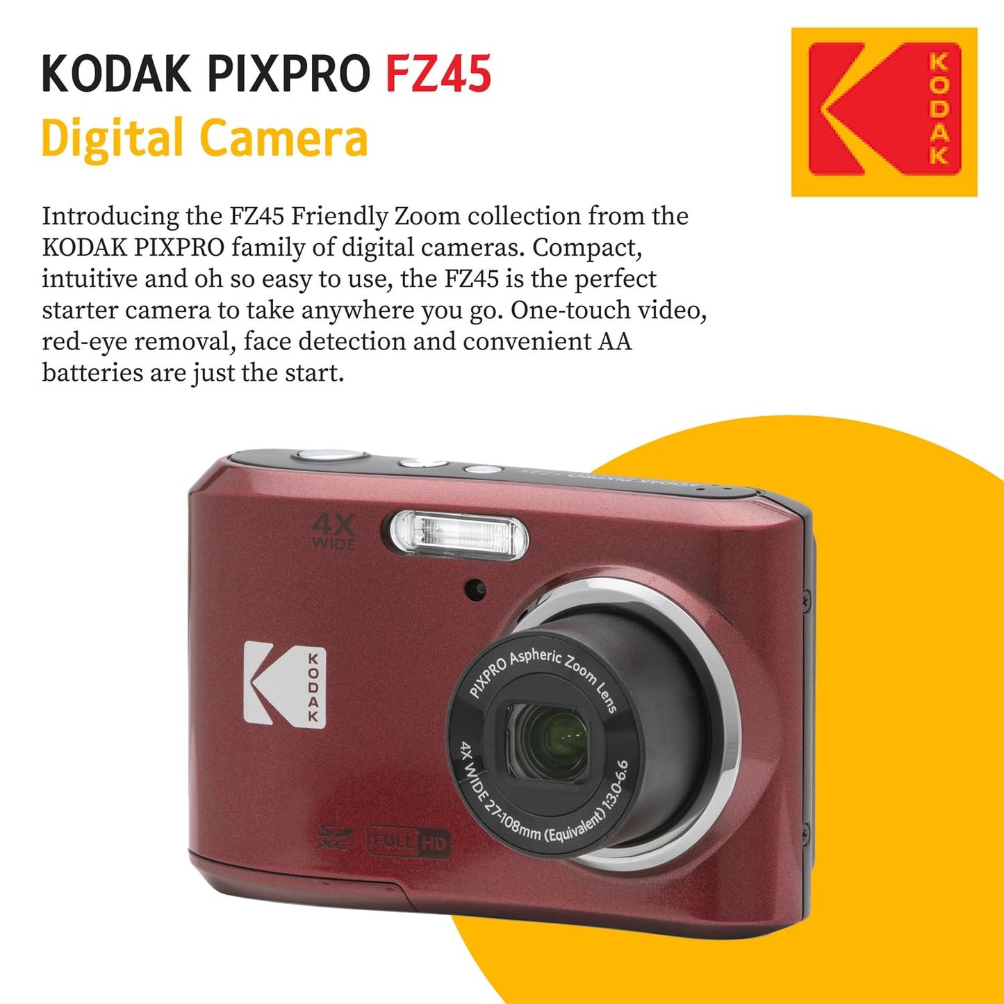 Kodak PIXPRO FZ45 Digital Camera + Point & Shoot Camera Case + Sandisk 128GB SDXC Memory Card