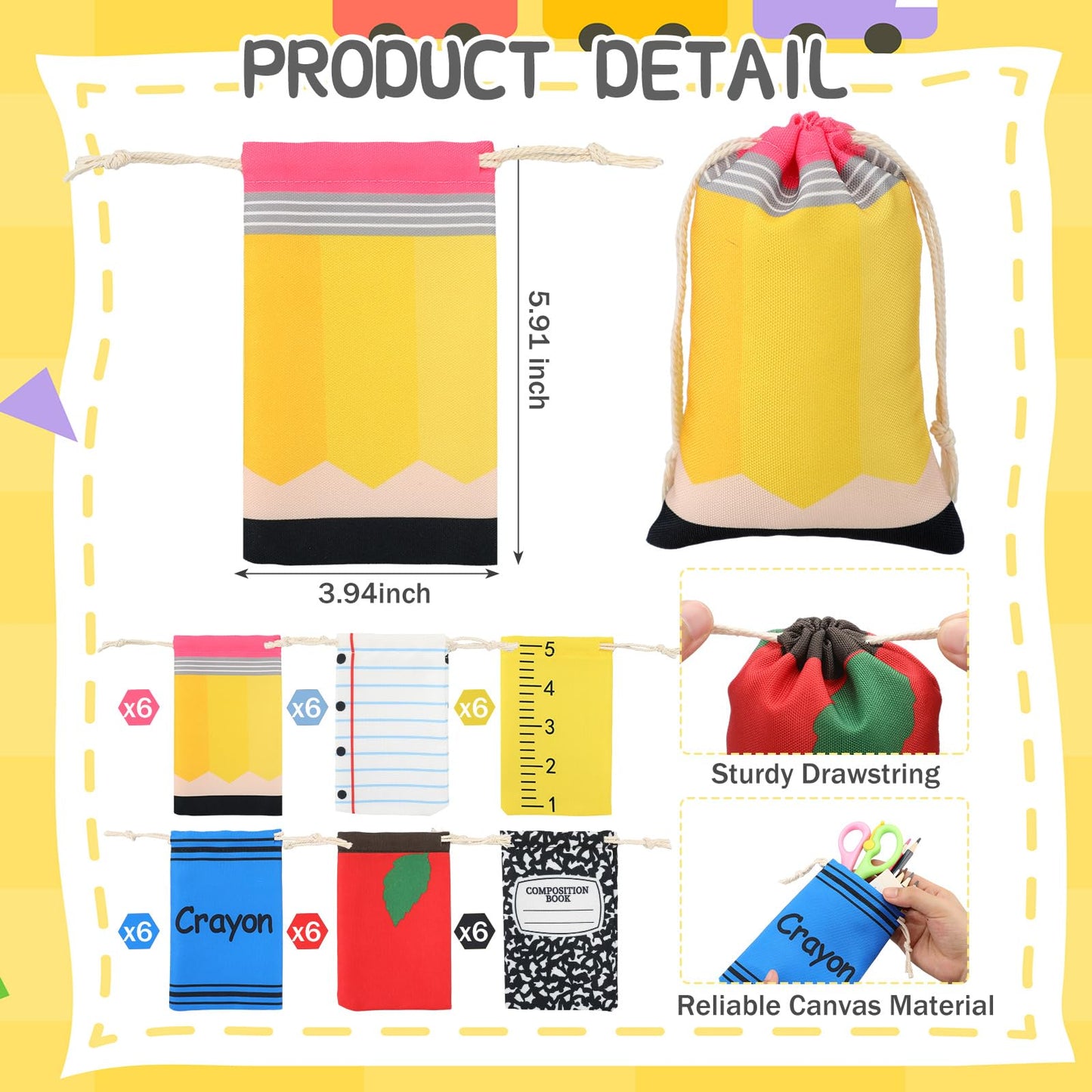 Sweetude 36 Pcs Teacher Appreciation Survival Kit Gifts Bags 4 x 6 Inch Composition Notebook Teacher Survival Supplies Drawstring Bags Pencil Crayon Apple Ruler in Bulk Thank You Canvas Makeup Pouch