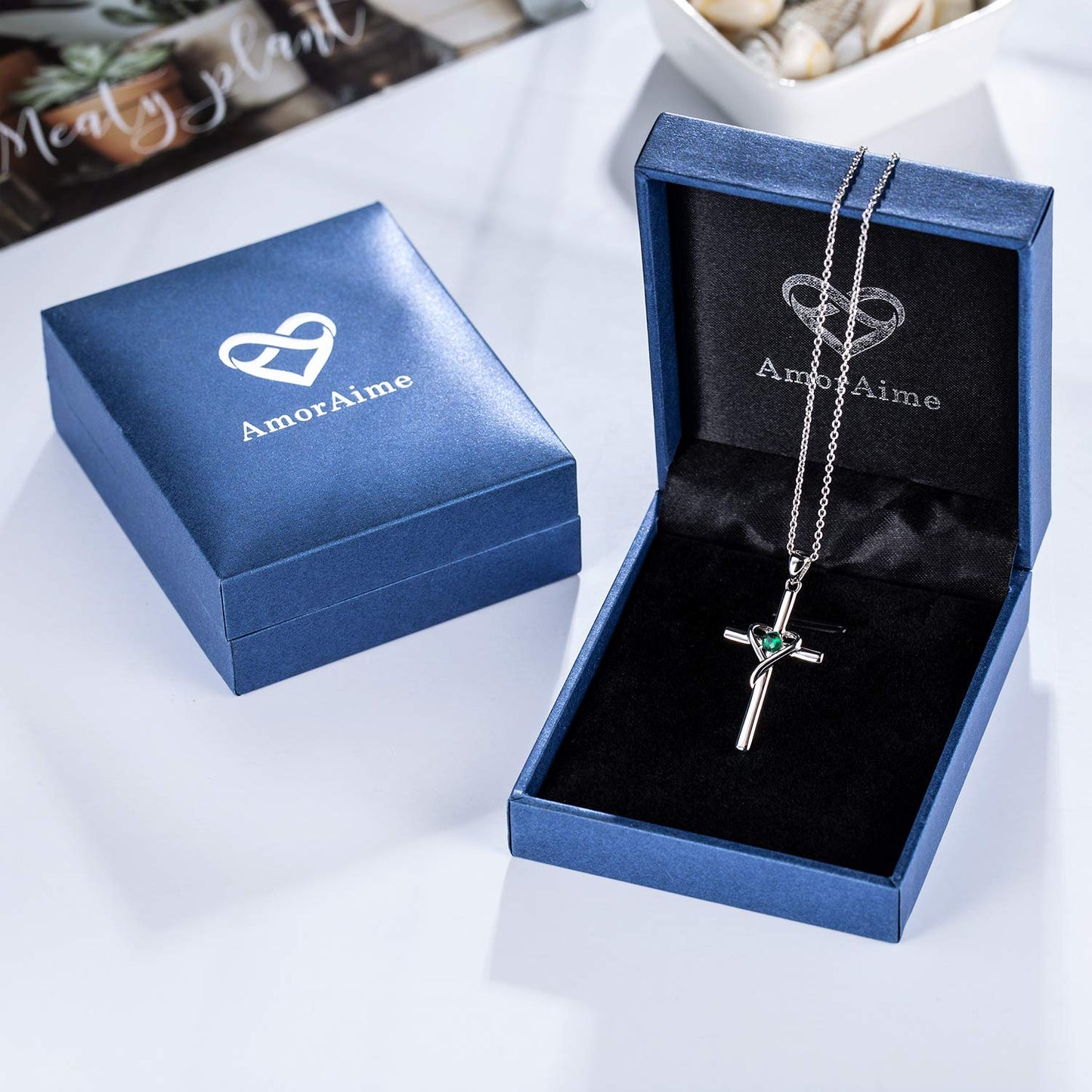 AmorAime 925 Sterling Silver Cross Necklace for Women Men 14K Gold Plated 5A CZ Birthstone Necklaces for Holiday (E.Green-May-Emerald)