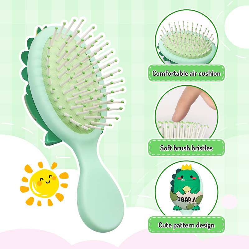 DINATIS Toddler Hair Brush - Mini Hair Brush for Kids - Travel Brush for Boys and Girls - Baby Detangler Brush for Thin Hair - Dinosaur Brushes with Air Cushion - Green