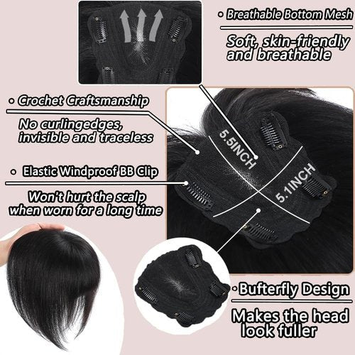 Uniferry Hair Toppers for Women Real Human Hair 12inch 13x14cm(5.1x5.5inch) Swiss Base 360°3D With Thinning Upgrade Middle Part Clip in Wispy Bnags (Natural Black,Side)