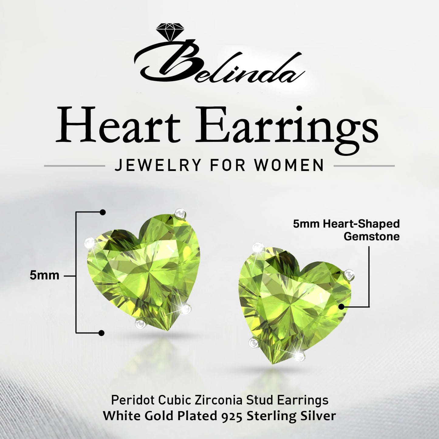 Belinda Jewelz - Heart Stud Earrings, 5mm Cubic Zirconia Heart Earrings with Prong Setting, 925 Sterling Silver Earrings Studs, Peridot Green Stud Earrings for Women