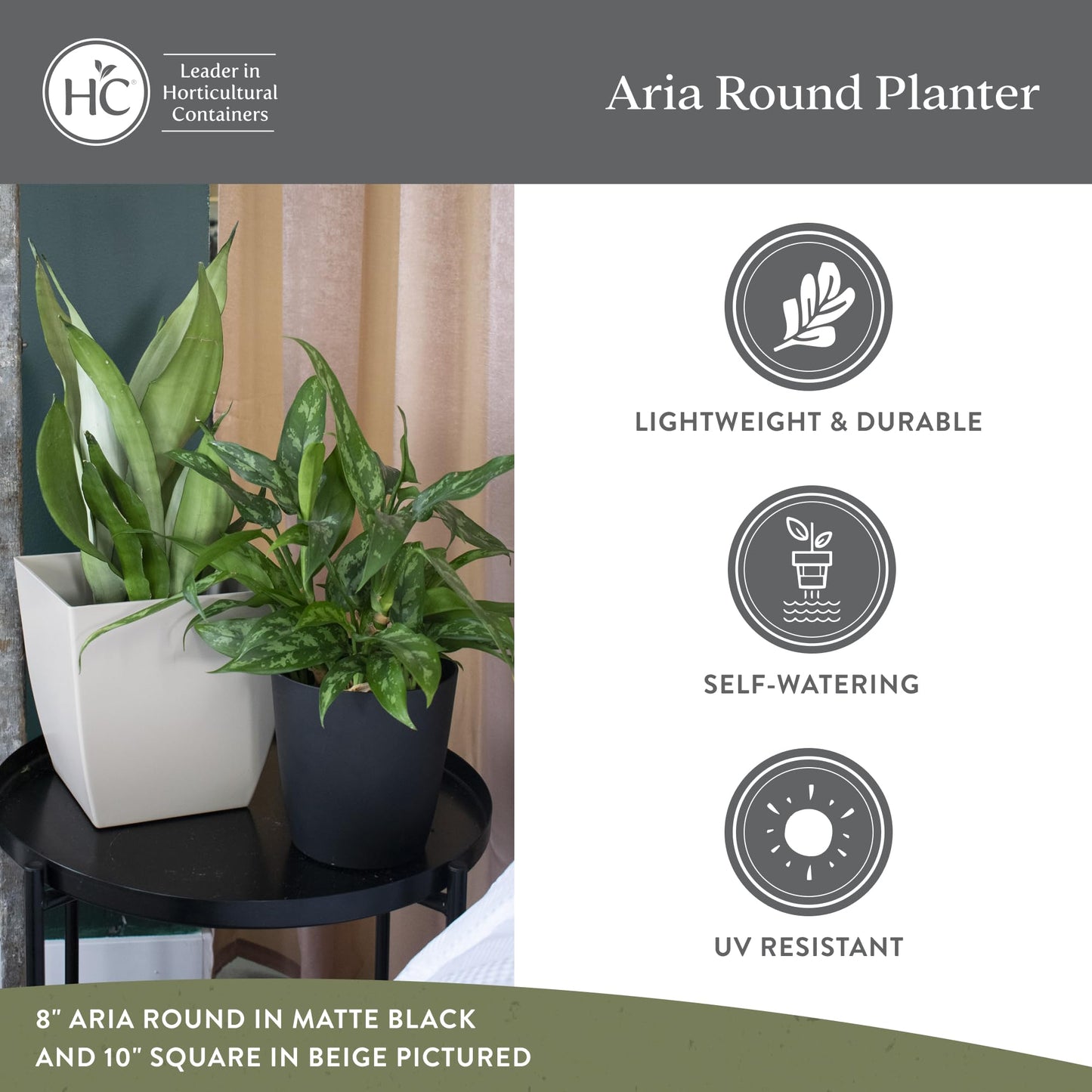 The HC Companies Aria Round Self-Watering Pot - Lightweight Plastic Planter for Herbs & More - Durable Plant Pots for Indoor Plants & Outdoor Plants (8" Glossy Black, Pack of 2)