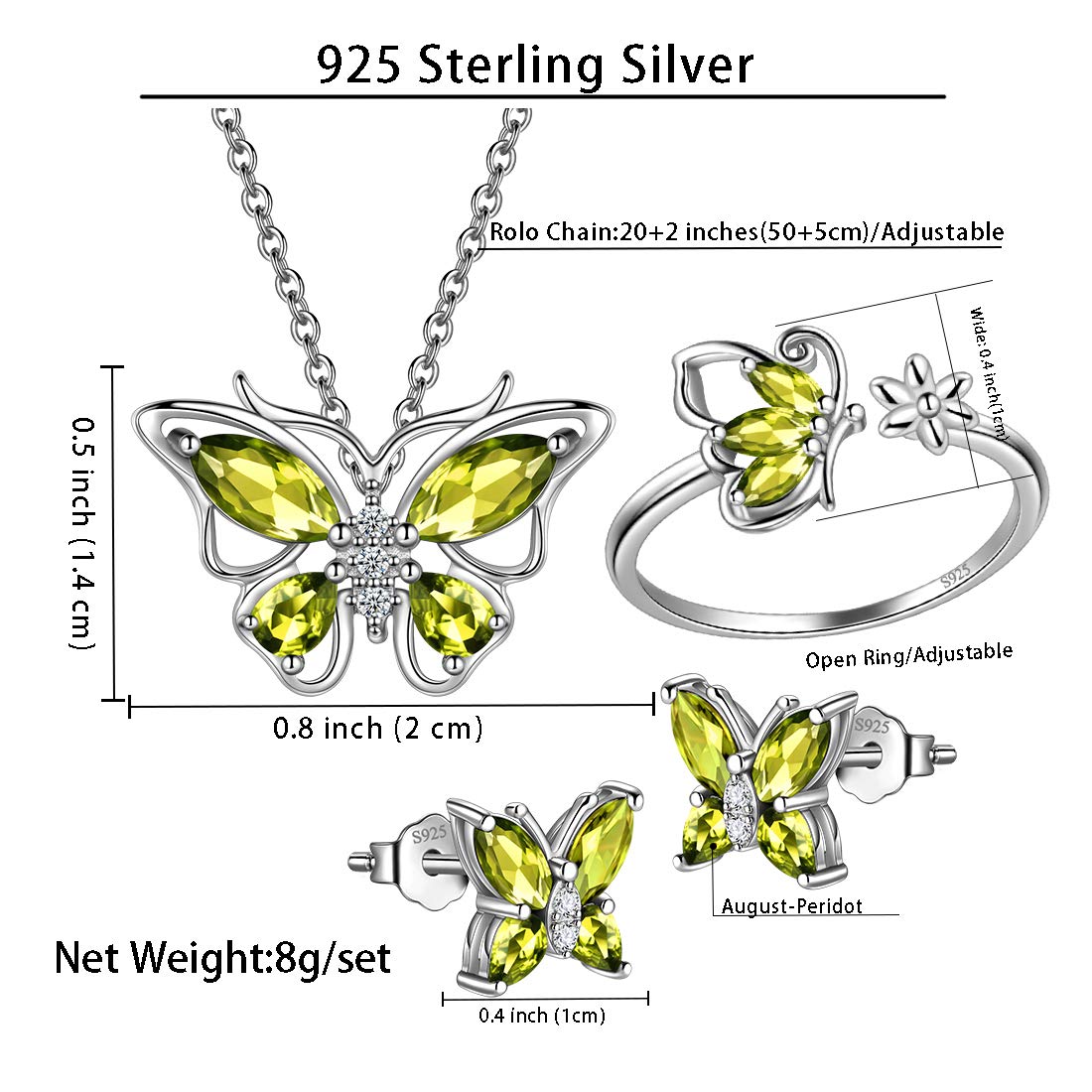 Hipunk Butterfly Green Jewelry Sets Birthstone Women 925 Sterling Silver August-Peridot Birth Stone Animal Butterflies Jewelry Sets/Earring/Ring Set Crystal Birthday Jewelry SS0002A