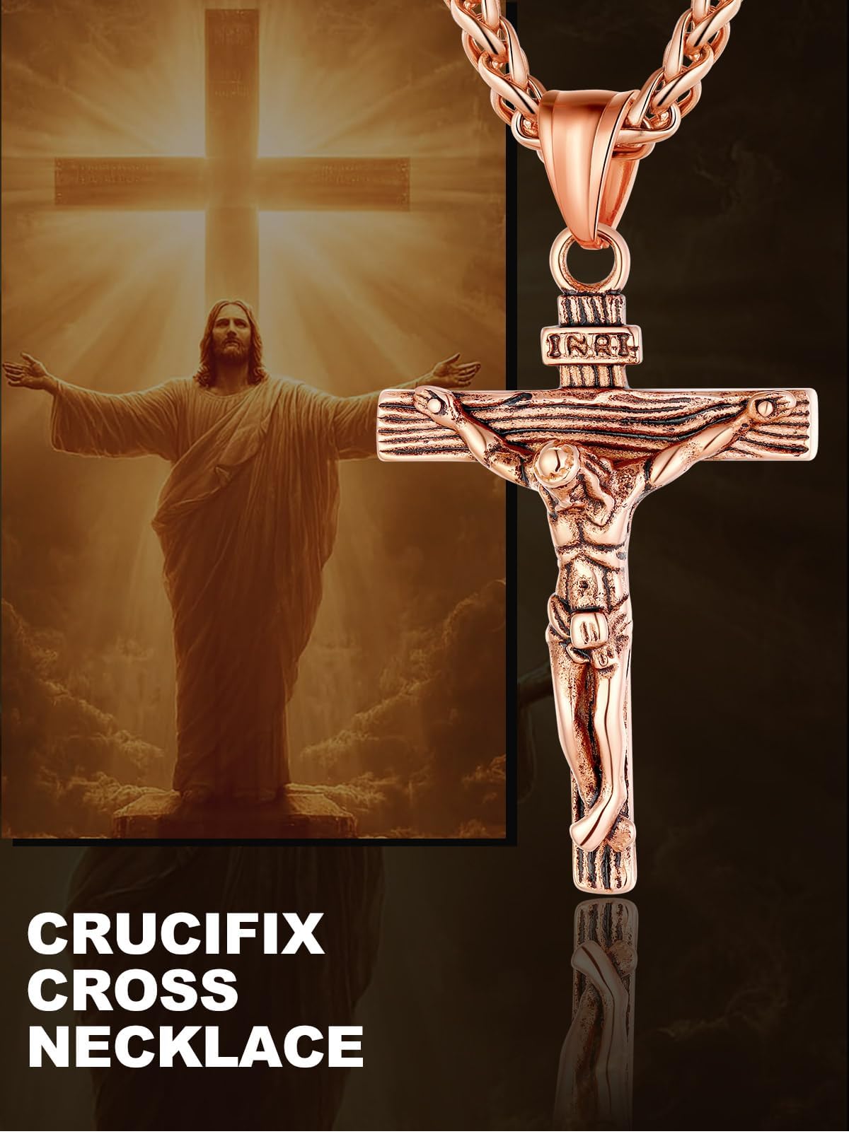 U7 Crucifix Cross Necklace Stainless Steel Crucifix Necklace Cross Pendant for Men with Rope Chain 22"(Rose Gold)