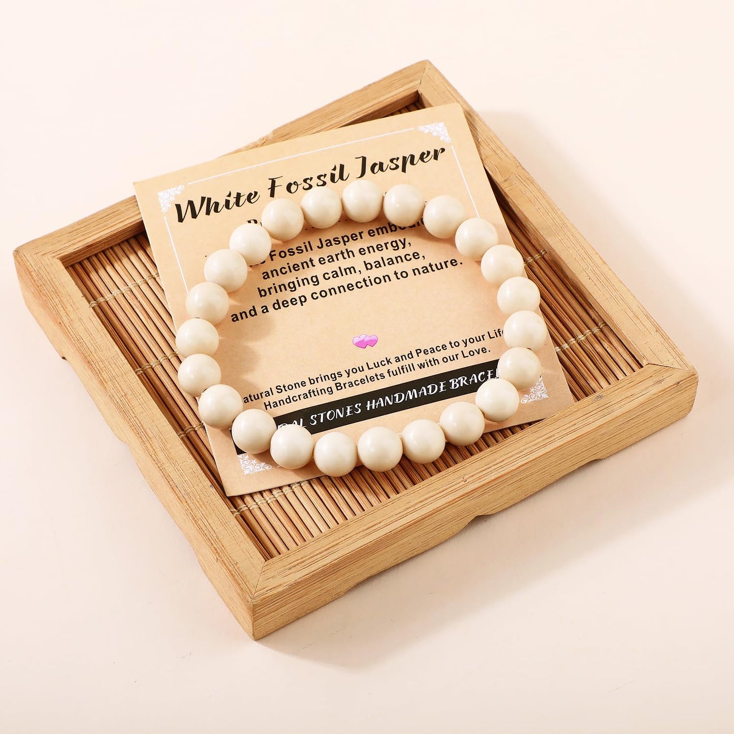 AD Beads 4mm Handmade White Fossil Jasper Elastic Bracelet – Natural Gemstone for Promote calmness – Meditation, Yoga, Healing and Energy Gift for Men Women