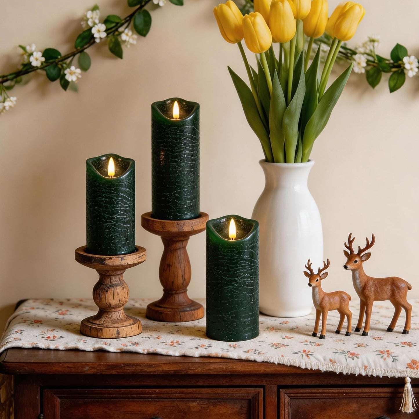 MiKoyi Flameless Pillar Candles with Remote, Battery Operated Candles Real Wax, [5-Pack] Fake LED Flickering flameless Candle with Timer Function for Room Home Decor (2.2" * 5/5.5/6/7/8"") - Green"