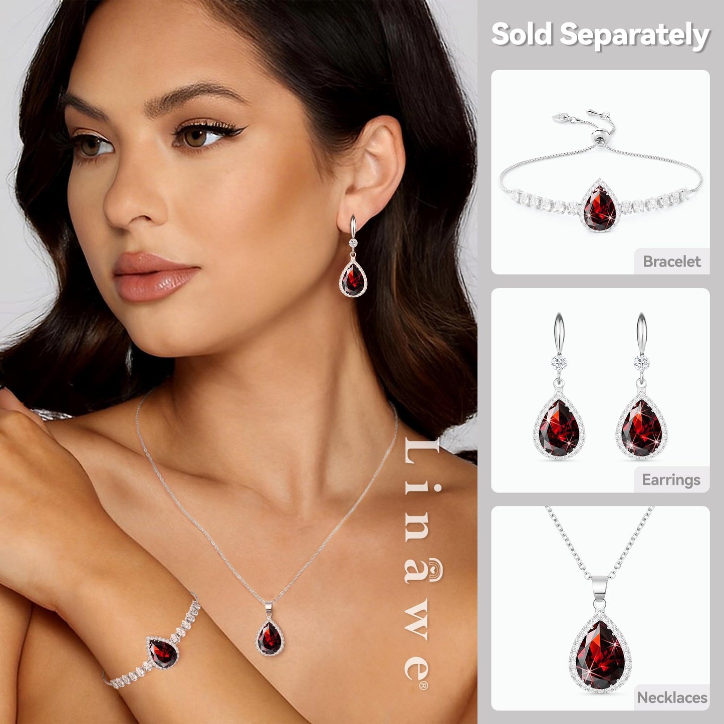 Linawe Silver Chain Necklace, Ruby Crystal Imitation Diamond Necklace for Women Trendy, Red Pendant, Boho Costume Jewelry Cubic Zirconia Birthstone Rhinestone Set