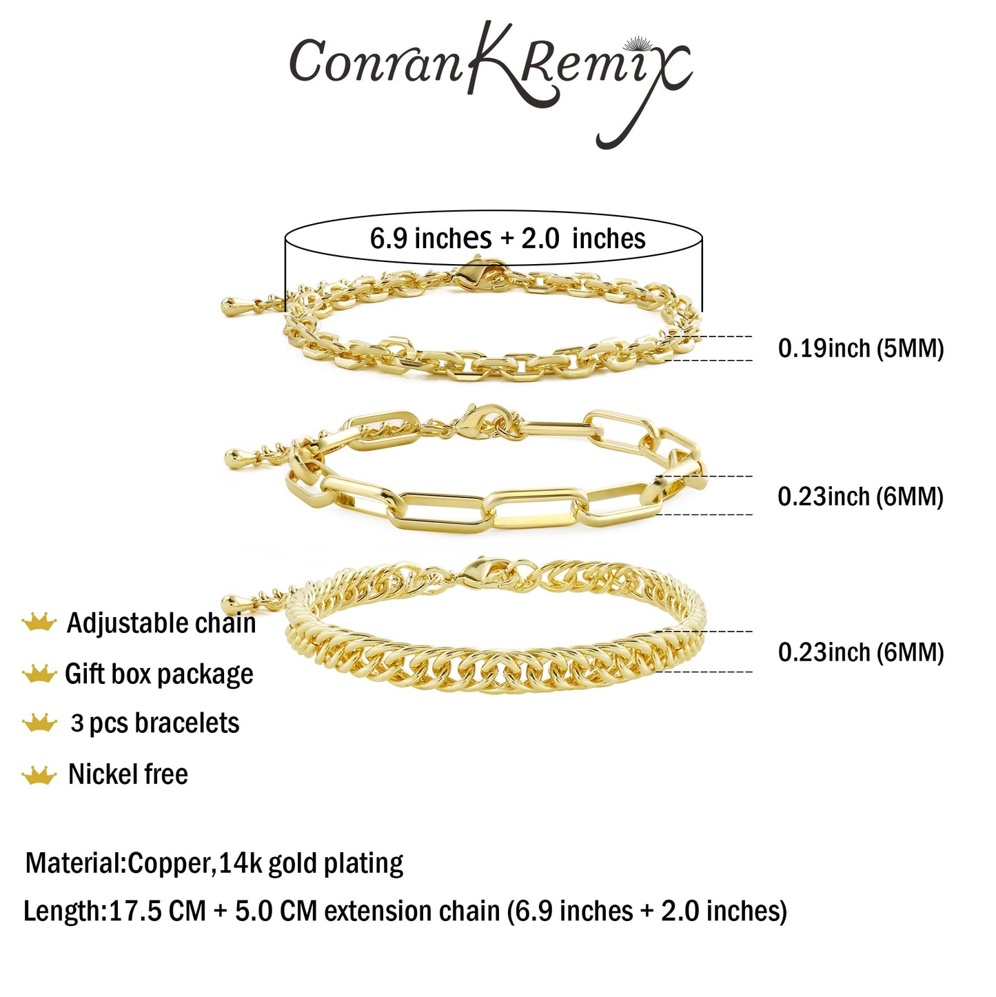 CONRAN KREMIX Gold Chain Bracelets Set For Women Dainty 14K Gold Plated Chunky Link Layered Paperclip Rope Chain Stake Bracelet Sets Fashion Trendy Gold Jewelry For Women 3PCS