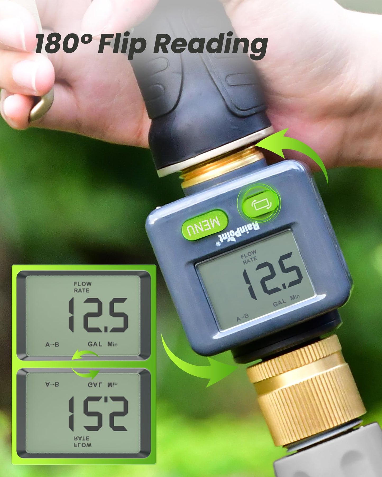 RAINPOINT Water Flow Meter with Brass Inlet & Outlet, 180° Screen-Flip Water Meter, Measure Gallon/Liter Consumption for RV Filling, Garden Watering, Sprinkler and Hoze Nozzle (Pack of 2)