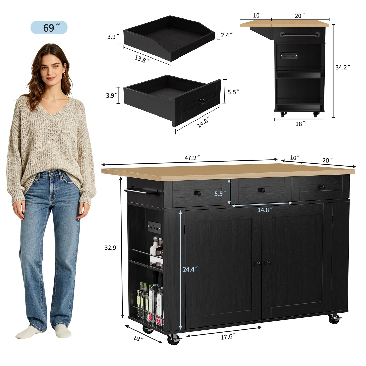 IDEALHOUSE Rolling Kitchen Island with Drop Leaf Countertop, Charging Station & Ample Storage - 47.2" Mobile Kitchen Cart On Wheels with Pull-Out Shelves, Drawers, Spice Rack & Organizer Divider