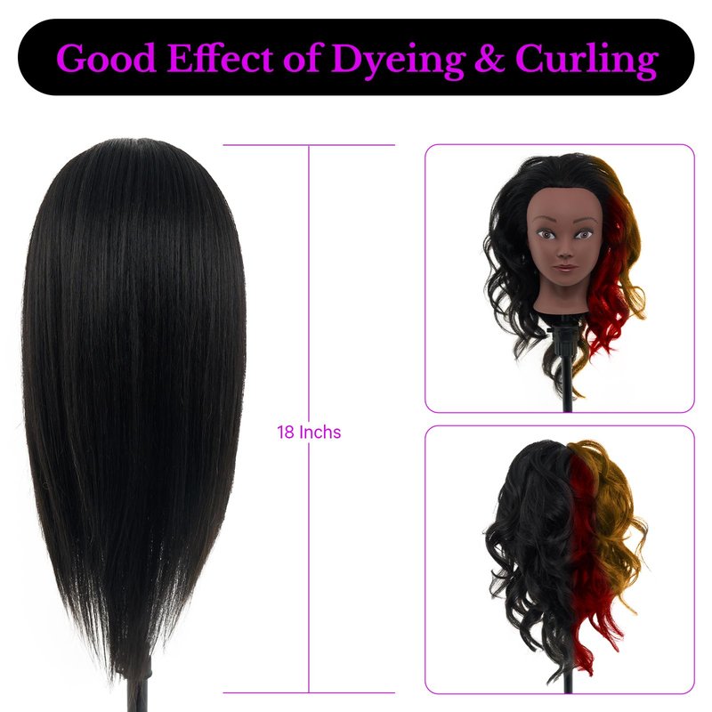 18" Mannequin Head Human Hair with Stand - 100% Real Human Hair Mannequin Head for Braiding, Cosmetology Manikin Doll Head for Hair Styling with Tripod Stand Table Clamp Hair Braiding Set,Black