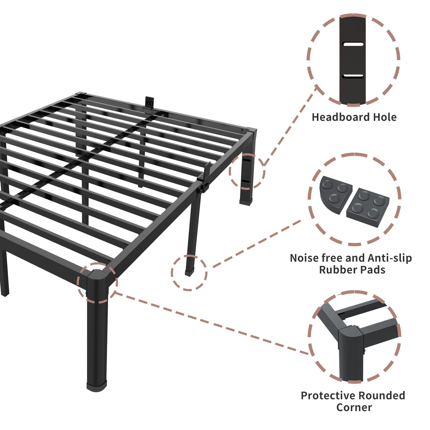 ROIL 18 Inch Queen Bed Frame with Rounded Corner and Headboard Hole Mattress Retainers 3500LBS Metal Heavy Duty Steel Slats No Box Spring Needed Platform Noise-Free Easy Assembly