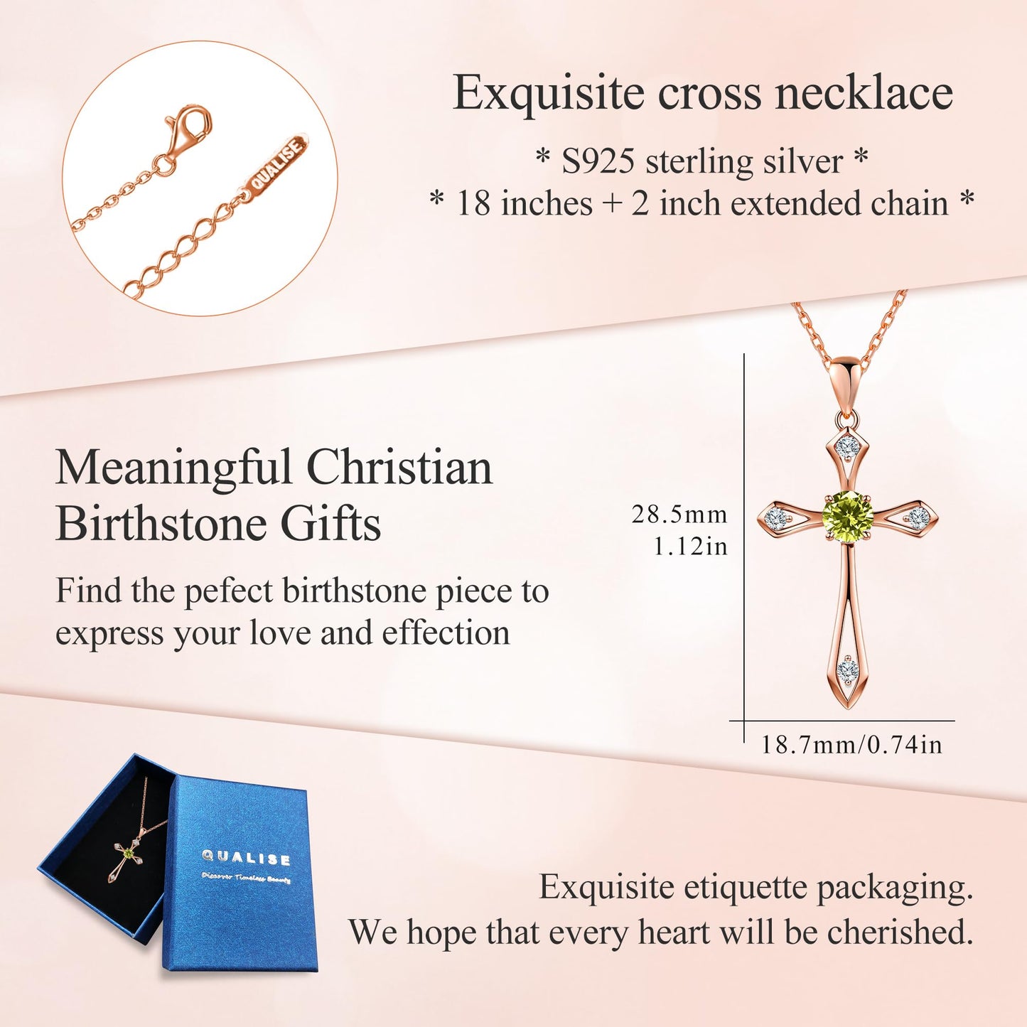 QUALISE Cross Necklace for Women,925 Sterling Silver Birthstone Necklace,Peridot-Augest Birthstone Cross Necklace,Faith Religious Fine Jewelry Valentines Day Gifts Birthday Holiday Gifts for Her