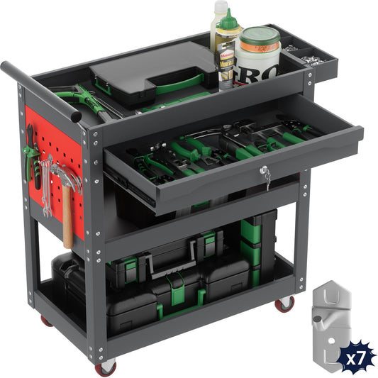 ALANNG 330 LBS Rolling Tool Cart with 1 Drawer & 3 Shelves | Heavy Duty Mechanic Cart Includes 7 Hooks, 2 Pegboards & Screw Organizer | Metal Service Cart for Garage Workshop (Grey, 1 Pack)