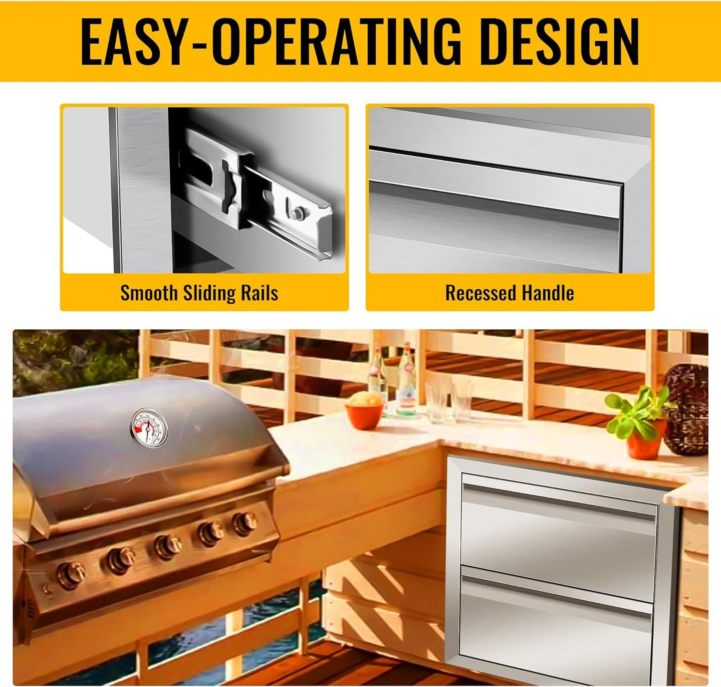 Outdoor Kitchen Drawers 18" W x 15" H x 23" D Inch Stainless Steel Flush Mount BBQ Double Drawers for Outdoor Kitchen Island, or Patio Grill Station