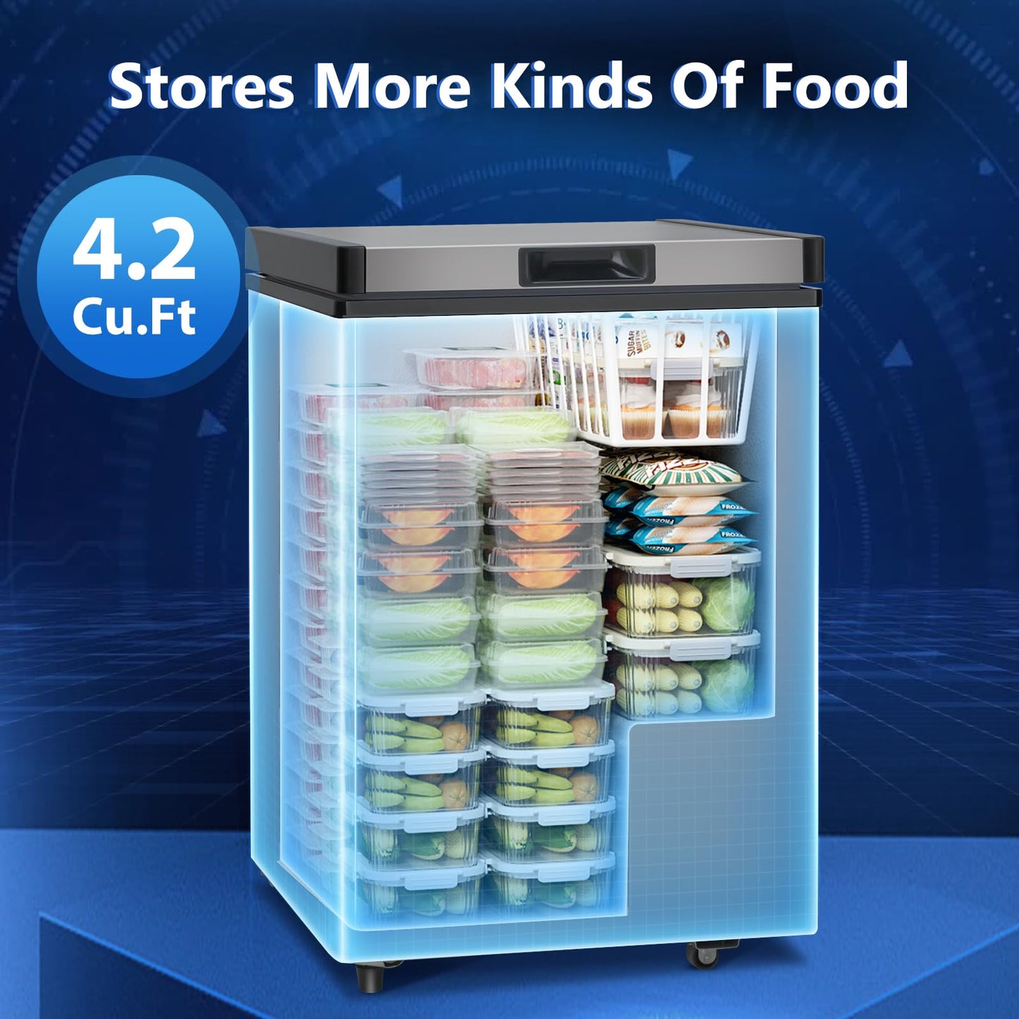 LifePlus Chest Freezer, 4.2 Cu Ft Small Deep Freezer With Fast Cooling & Convenient Pulley, Perfect for Kitchen Parlor, Garage，Apartment，Small Freezer With Low Noise & Energy Saving, Titanium Grey